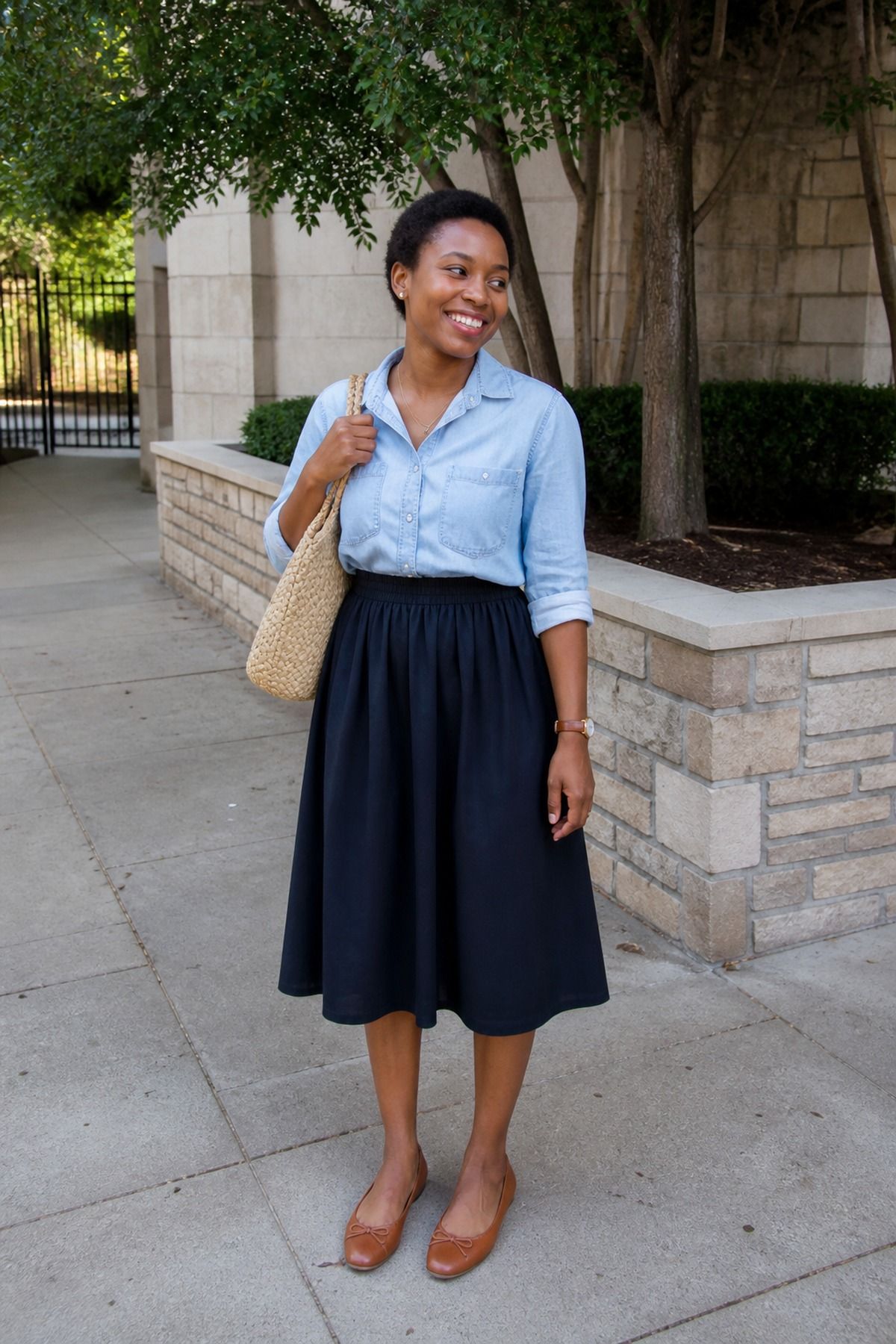 Woman wearing a chambray shirt with a midi skirt, a casual church outfit