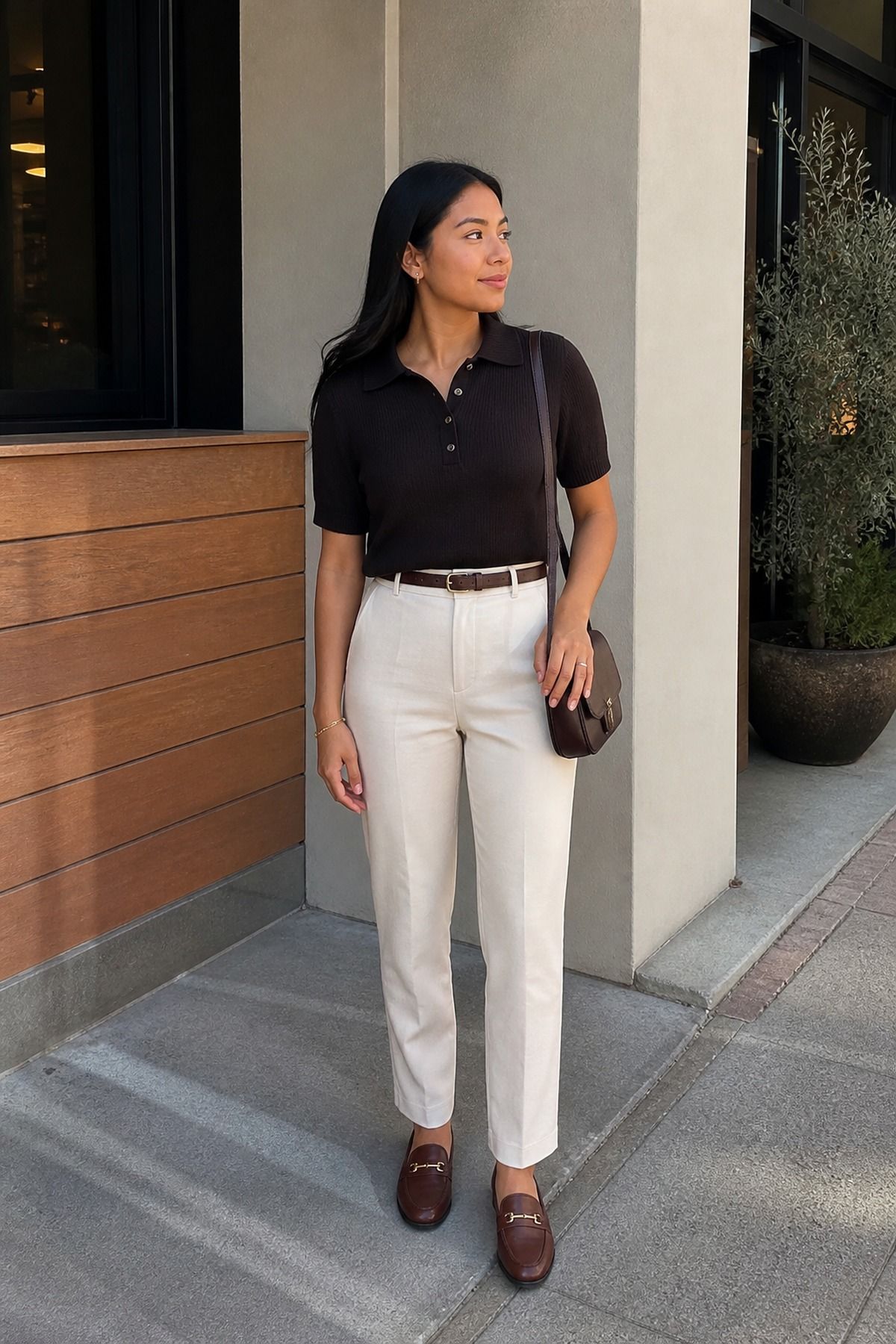 Woman wearing a knit polo with cream pants, a casual church outfit