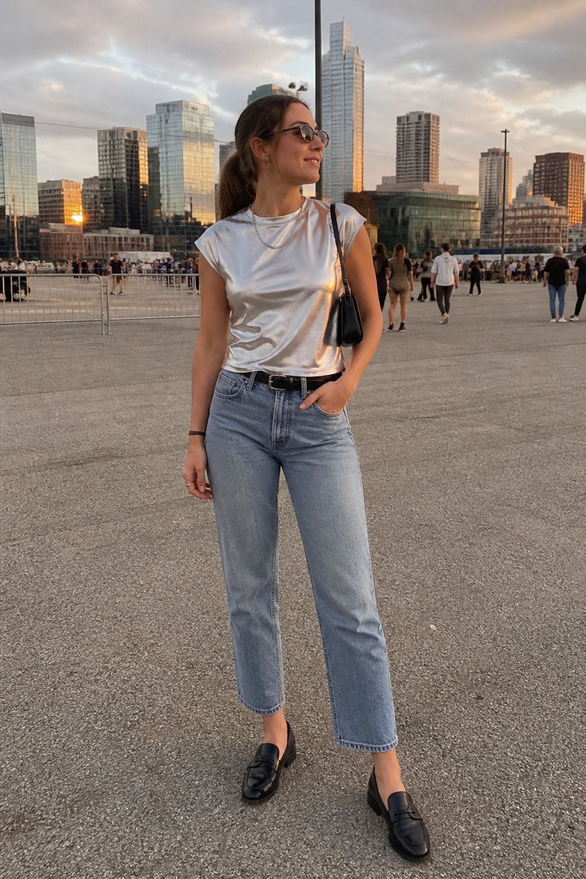 Woman wearing a metallic top with relaxed denim, a casual concert outfit