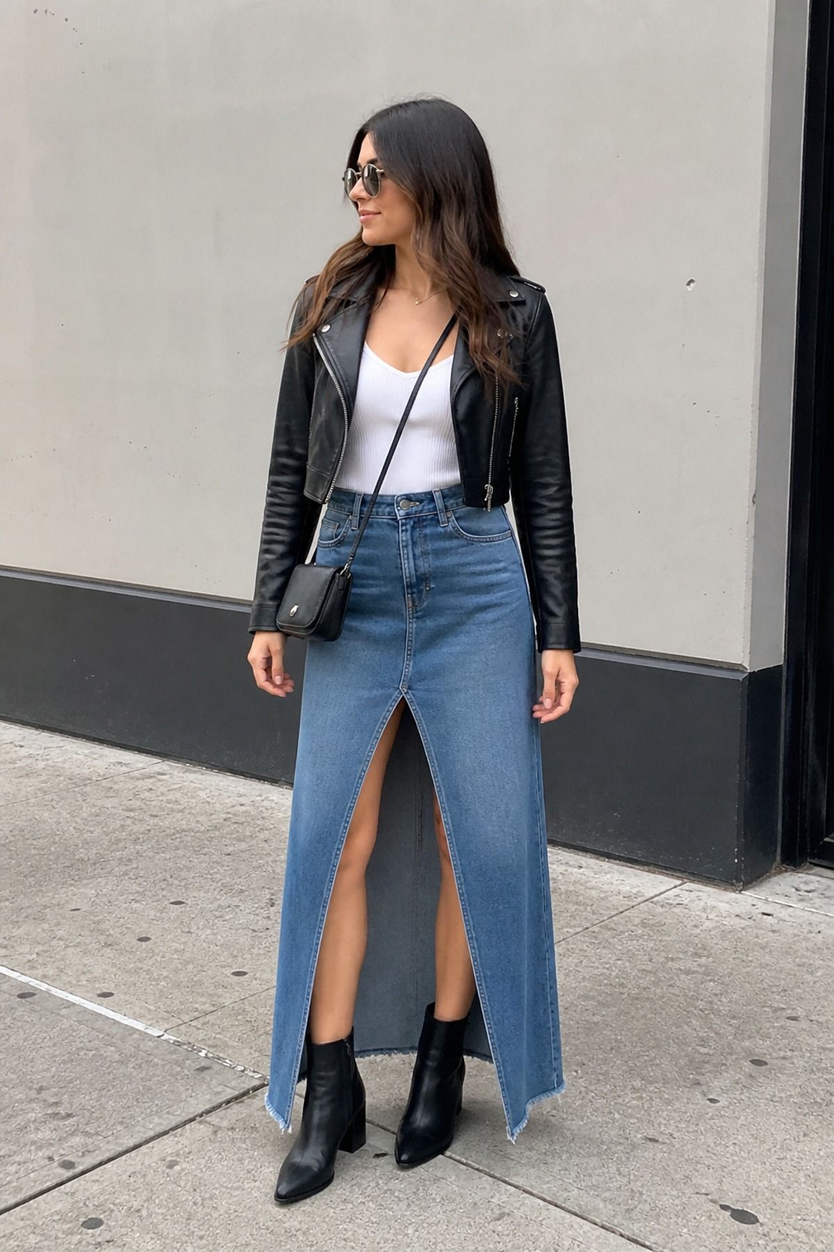 Woman wearing a ribbed tank with denim maxi skirt, a casual concert outfit