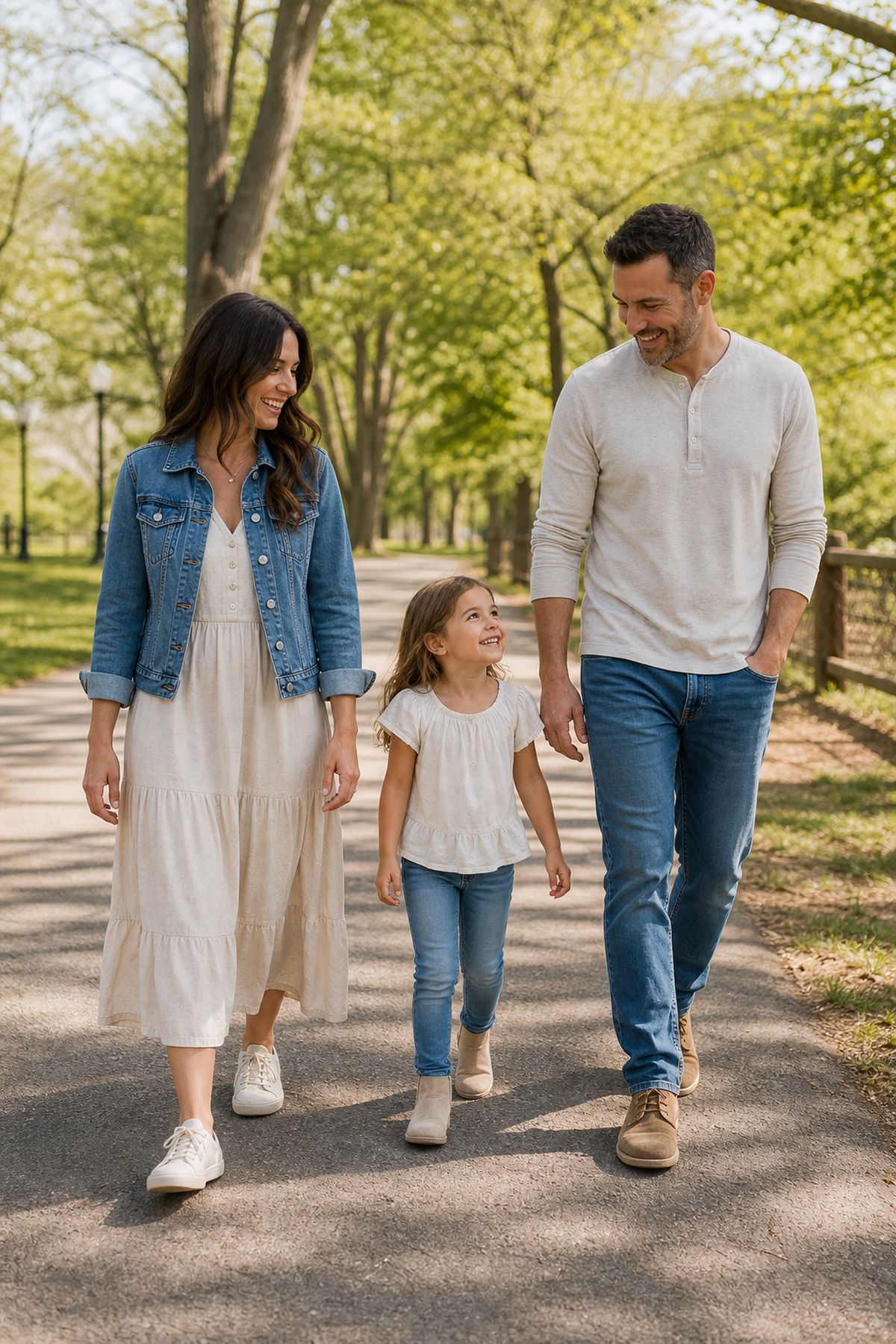 Woman wearing a denim jacket with a midi dress, a casual family photo outfit