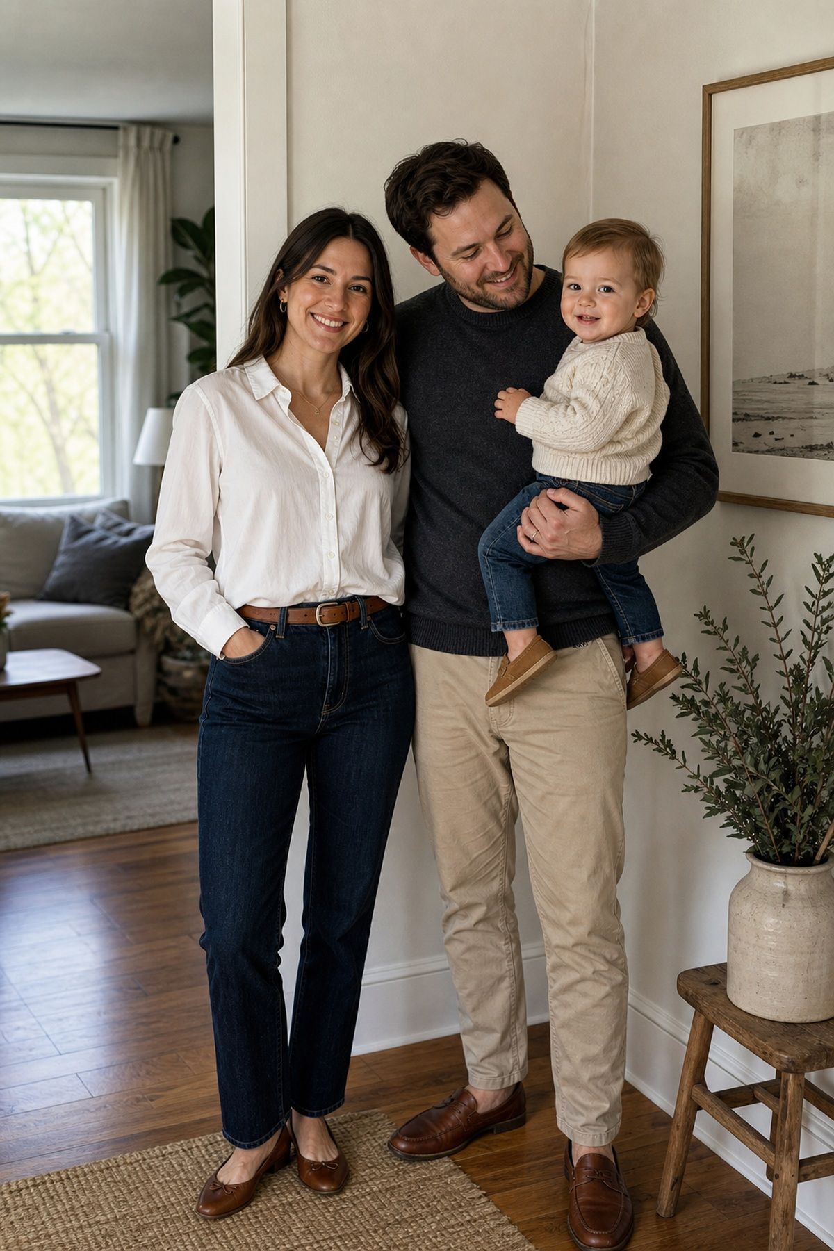 Woman wearing a white blouse with dark jeans, a casual family photo outfit
