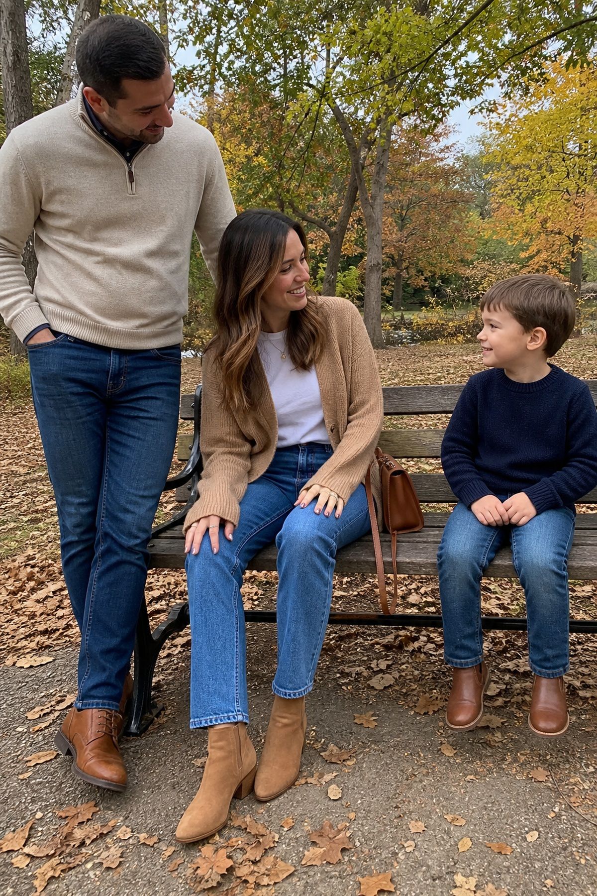 Woman wearing a camel cardigan with blue jeans, a casual family photo outfit