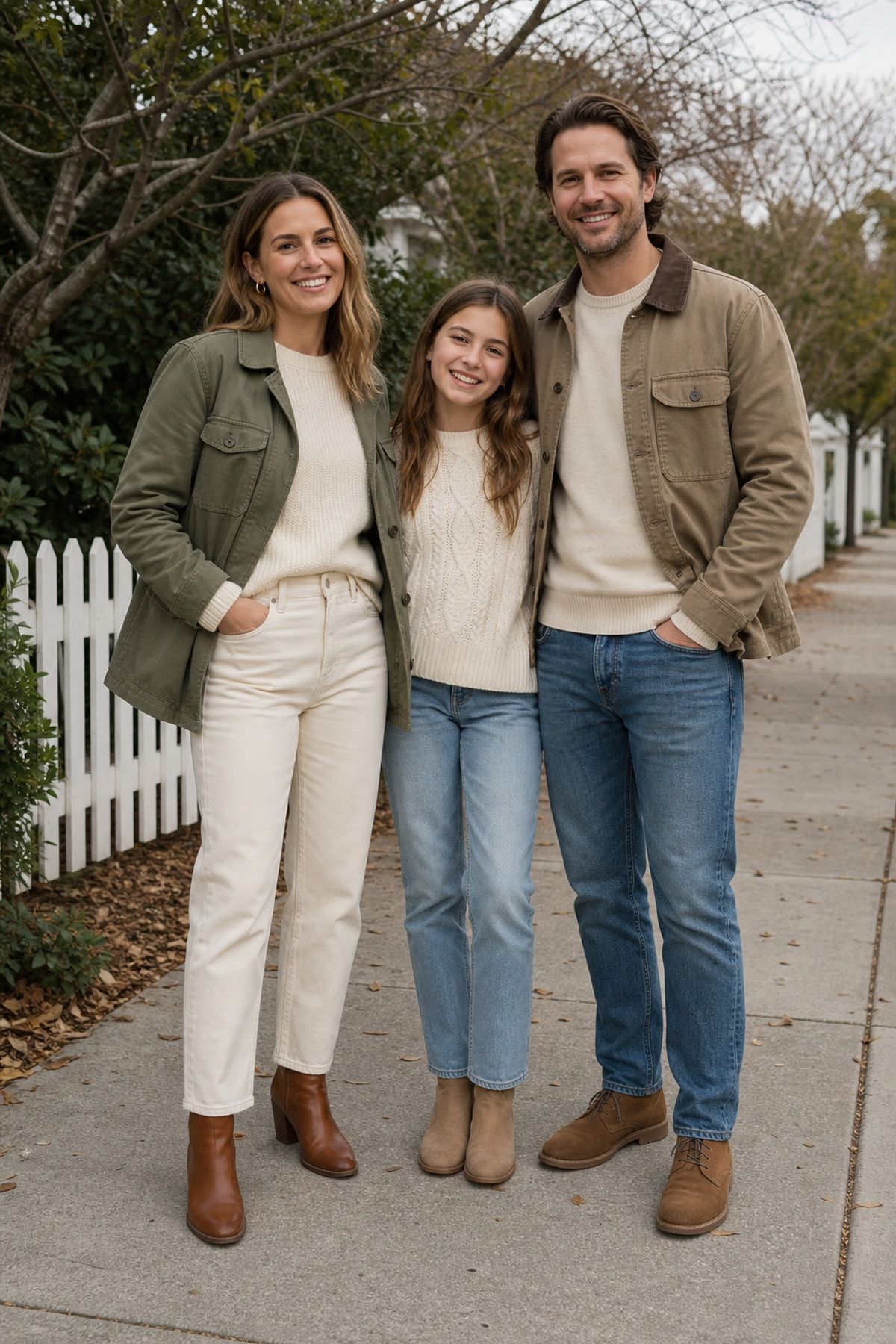 Woman wearing an olive jacket with ecru jeans, a casual family photo outfit