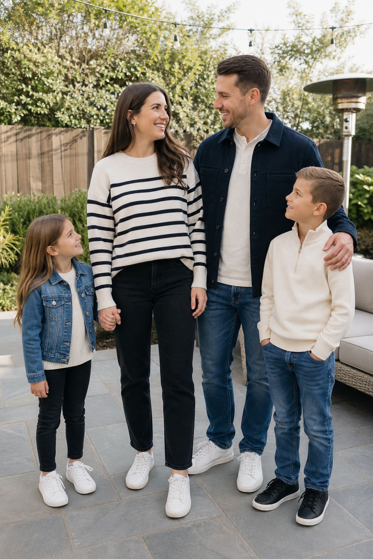 Woman wearing a striped sweater with black jeans, a casual family photo outfit