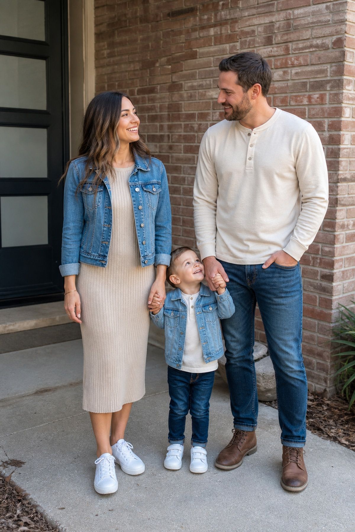 Woman wearing a knit dress with denim jacket, a casual family photo outfit
