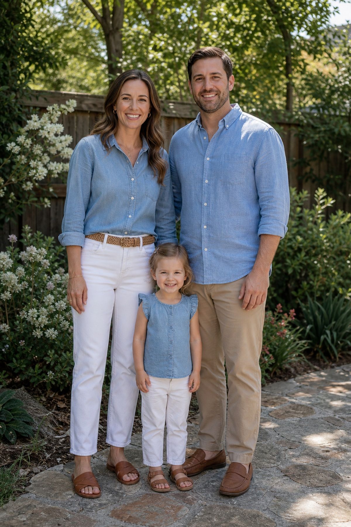 Woman wearing a chambray shirt with white jeans, a casual family photo outfit