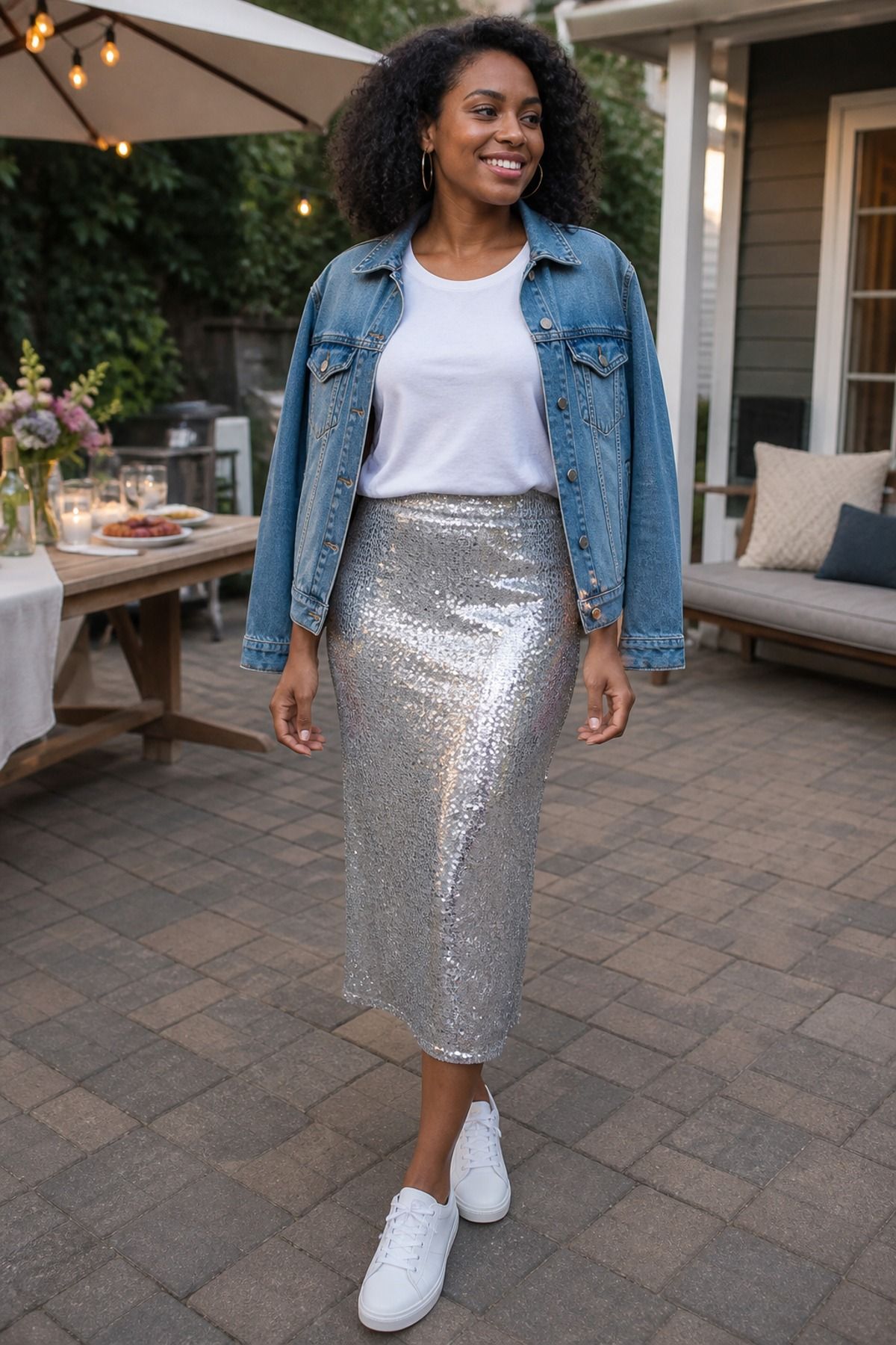 Woman wearing a sequin skirt with a cotton tee, a casual party outfit