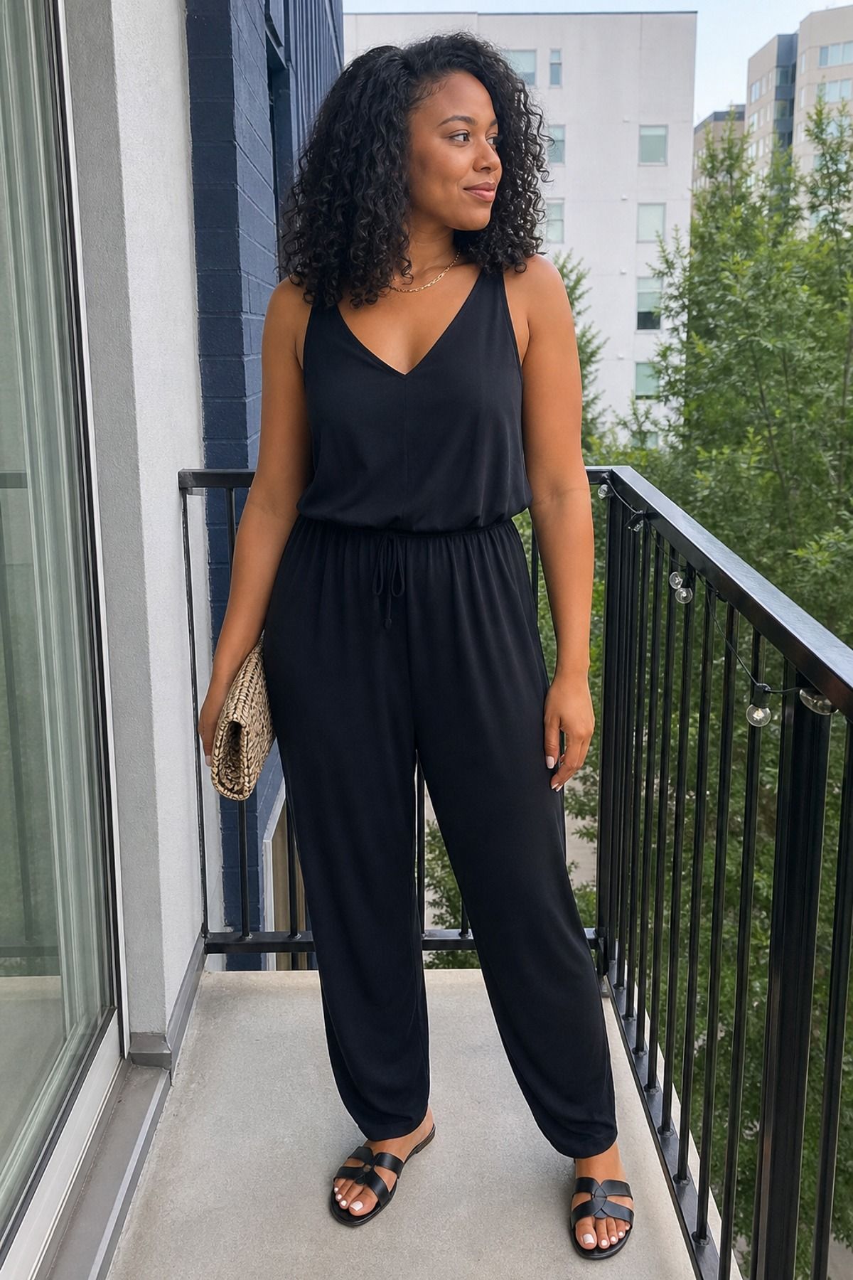 Woman wearing a black jumpsuit with flat sandals, a casual party outfit