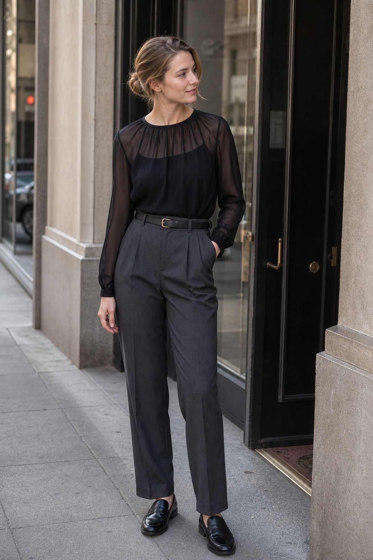 Woman wearing a sheer sleeve blouse with trousers, a casual party outfit