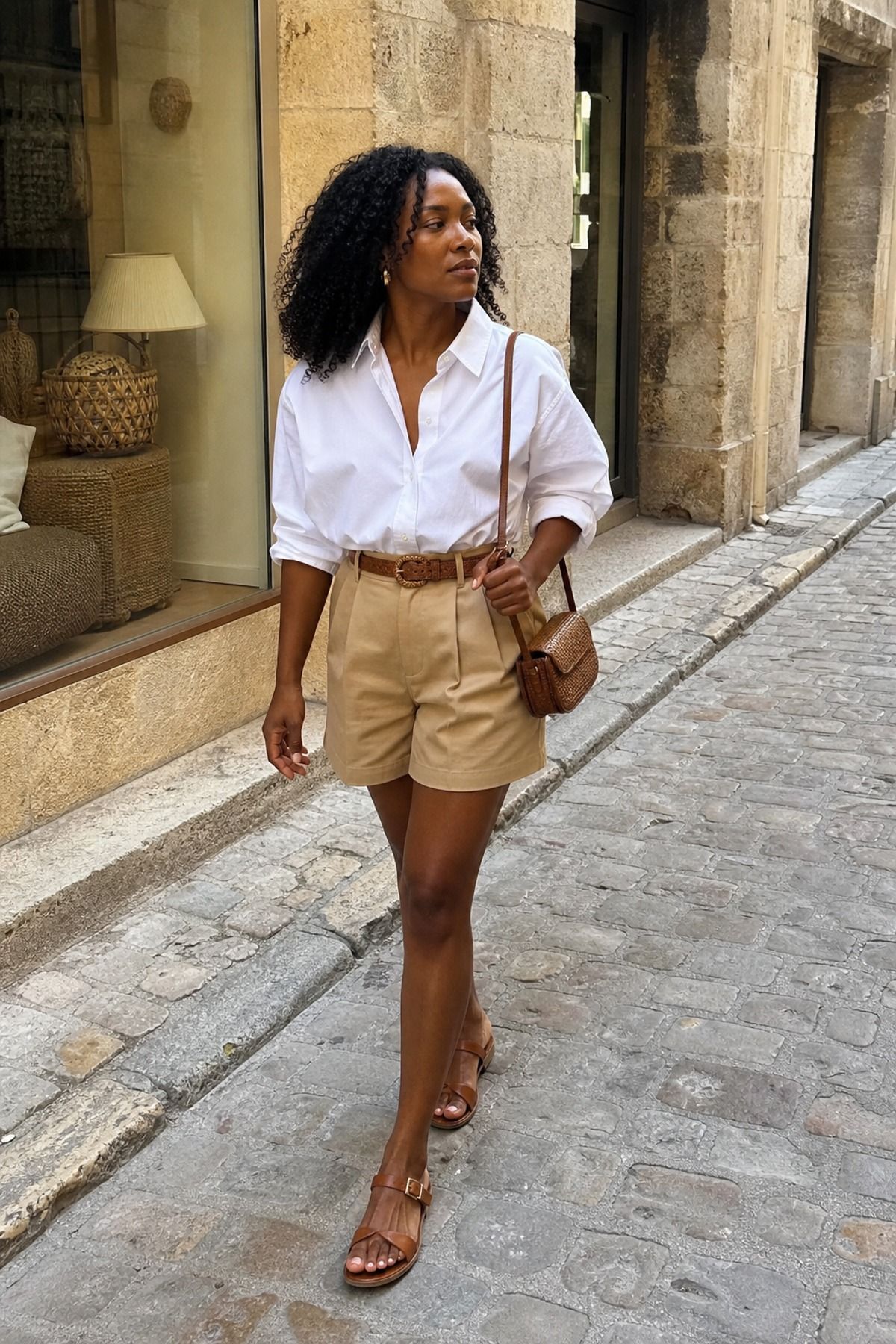 Woman wearing a white poplin shirt with tailored shorts, a city vacation outfit
