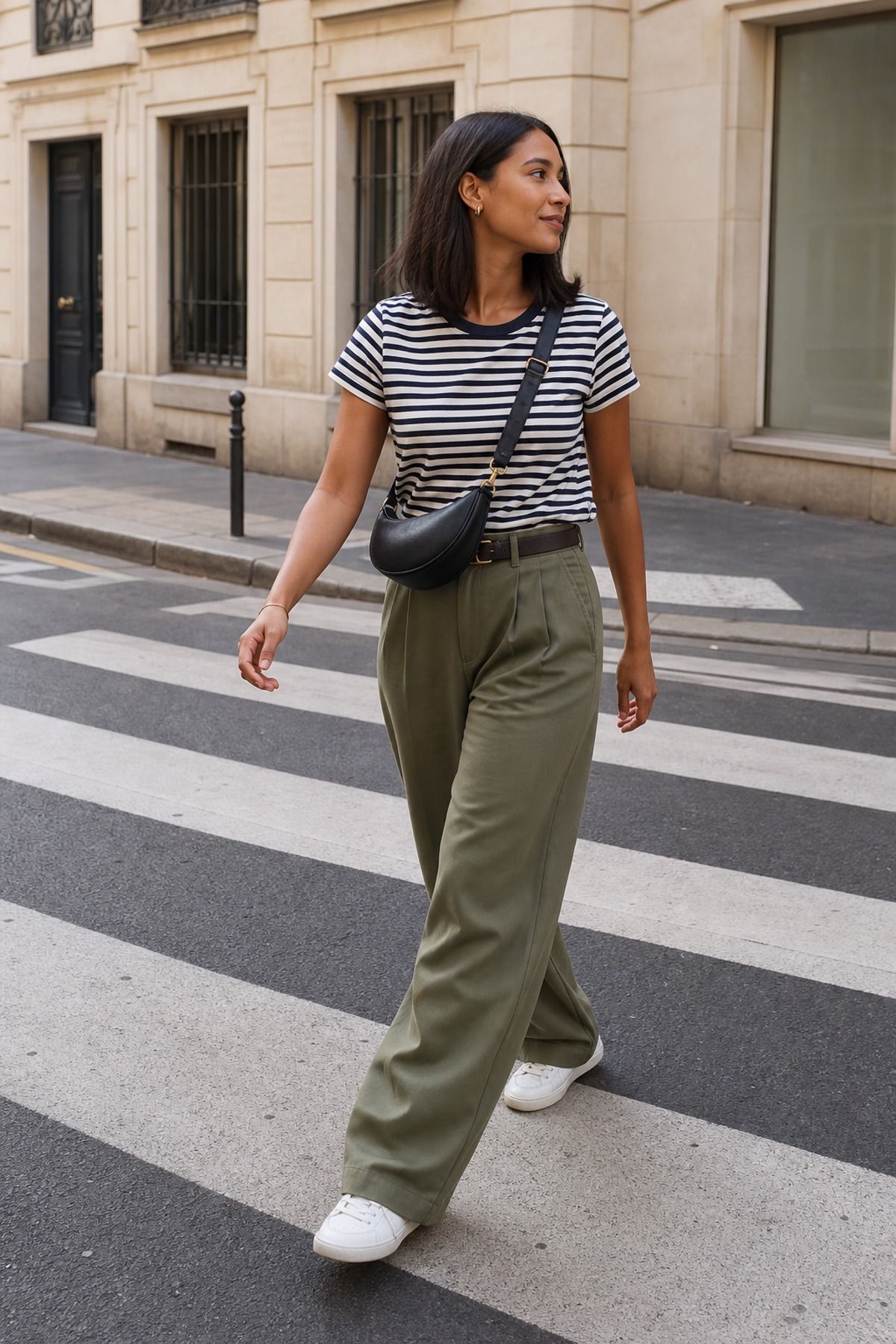 Woman wearing a striped tee with wide-leg trousers, a city vacation outfit