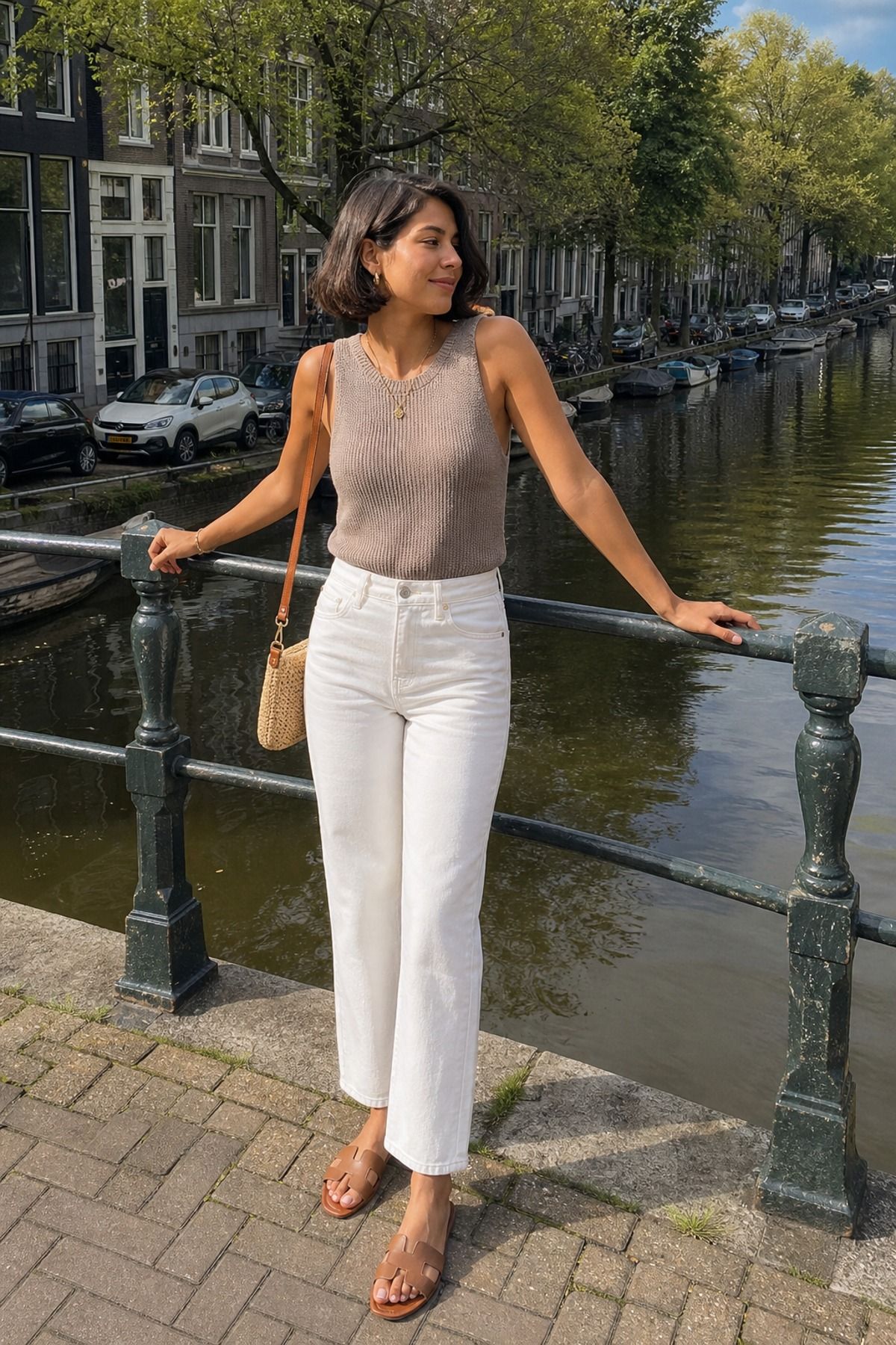 Woman wearing a sleeveless knit with white jeans, a city vacation outfit