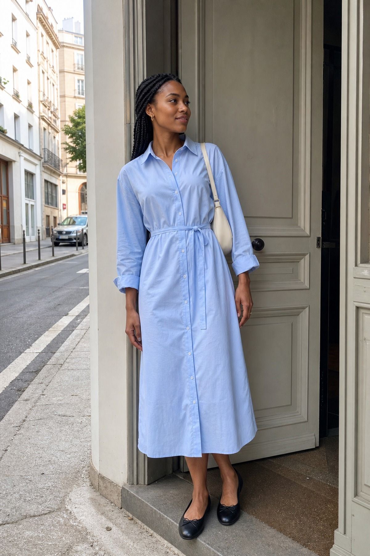 Woman wearing a button down dress with ballet flats, a city vacation outfit