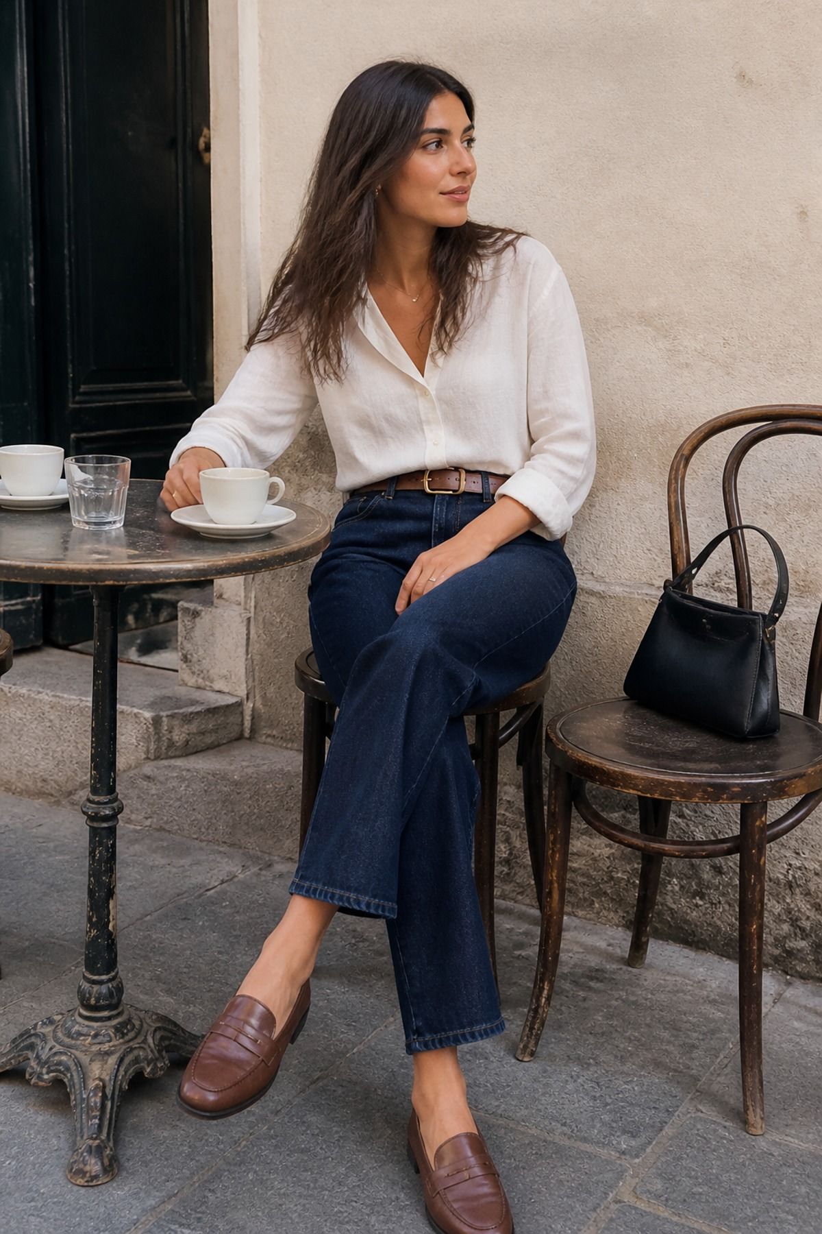 Woman wearing a cotton blouse with dark denim, a city vacation outfit