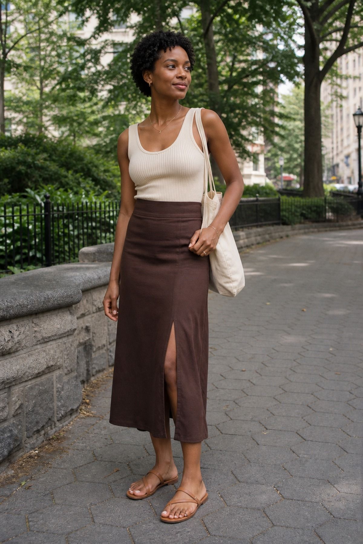 Woman wearing a ribbed tank with a midi skirt, a city vacation outfit