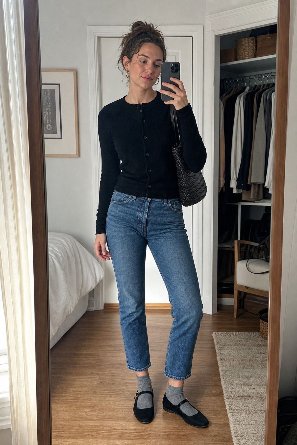 Woman wearing cropped jeans with Mary Janes