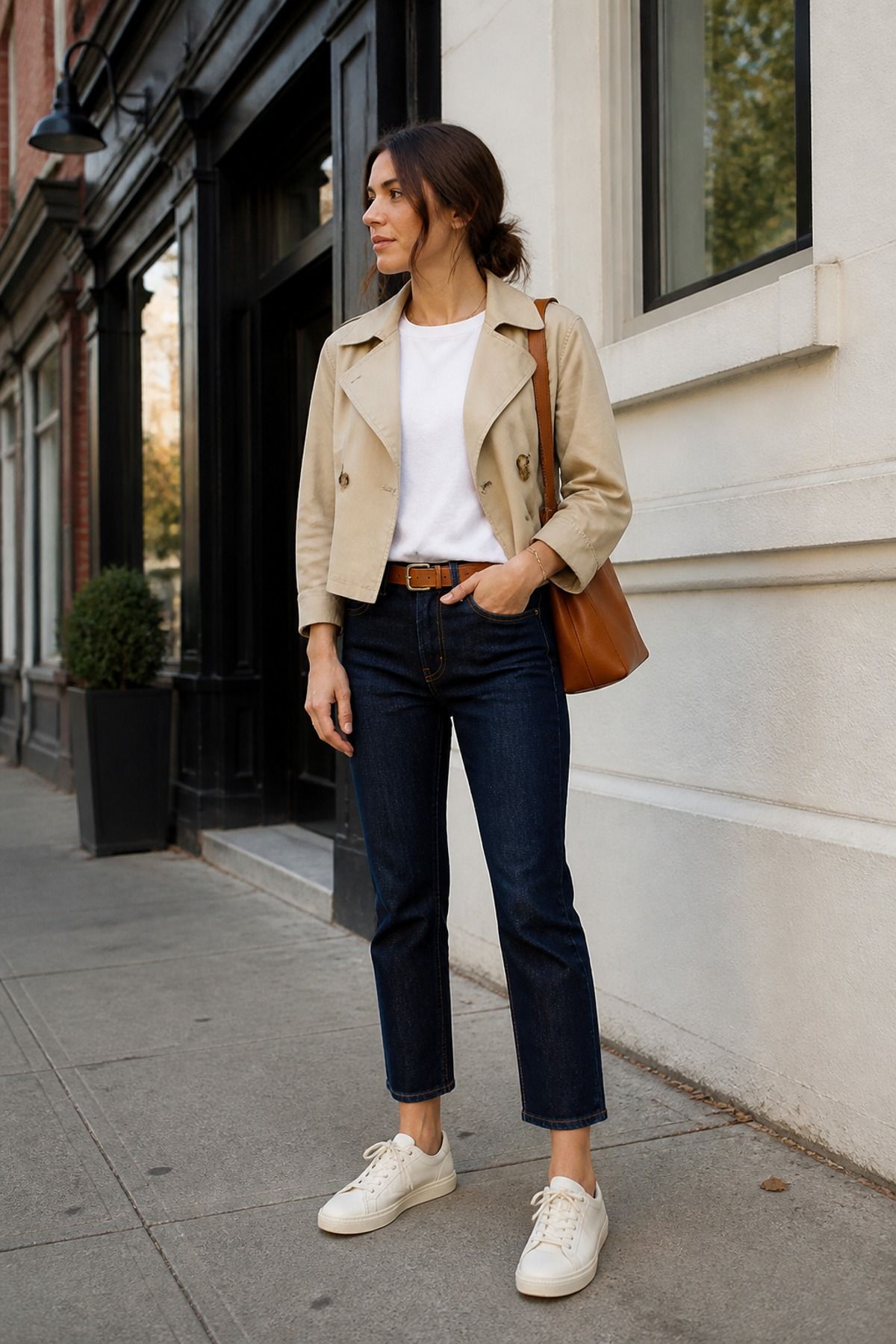 Woman wearing cropped jeans with a cropped trench
