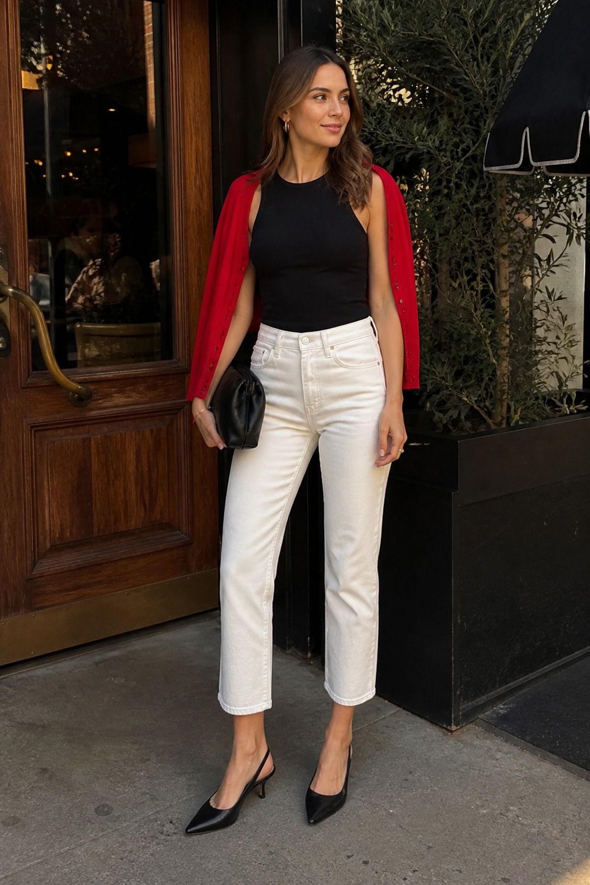 Woman wearing cropped jeans with kitten heels