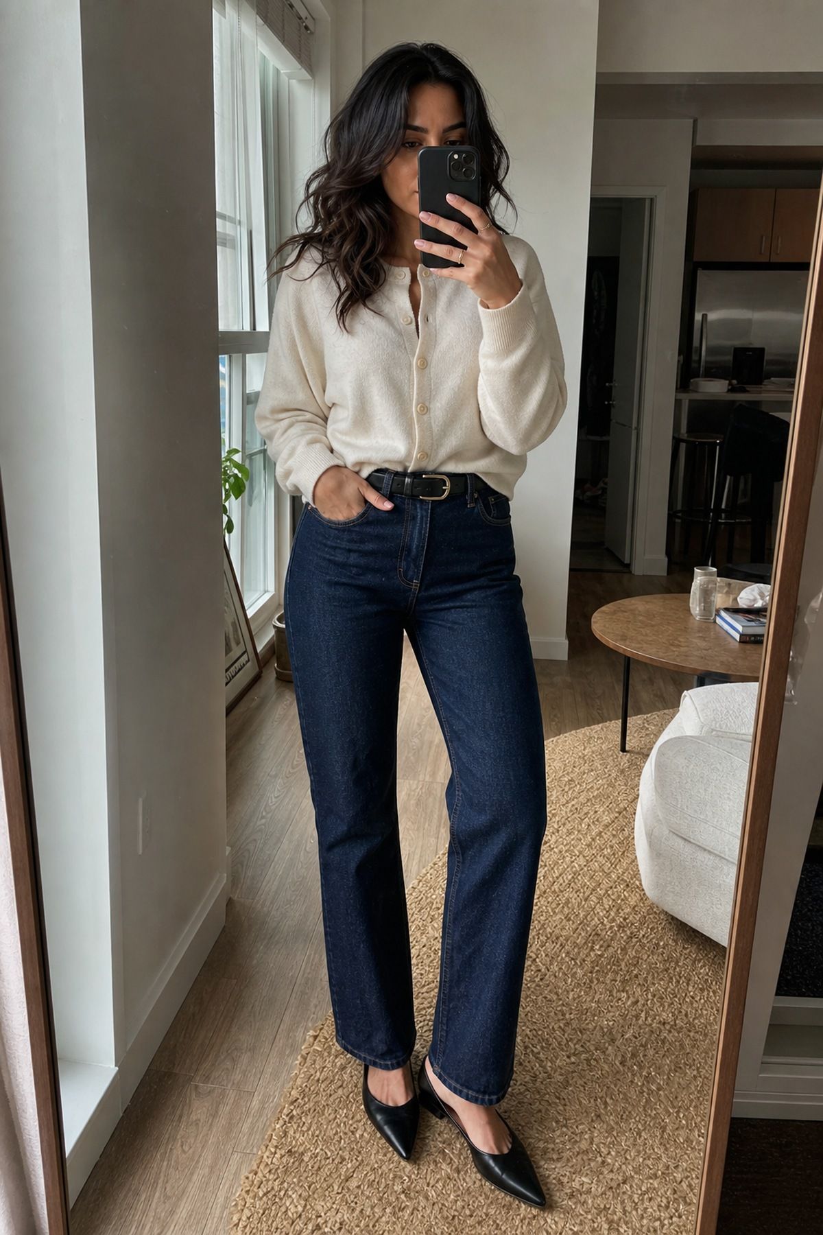 Woman wearing dark wash jeans with a black blazer