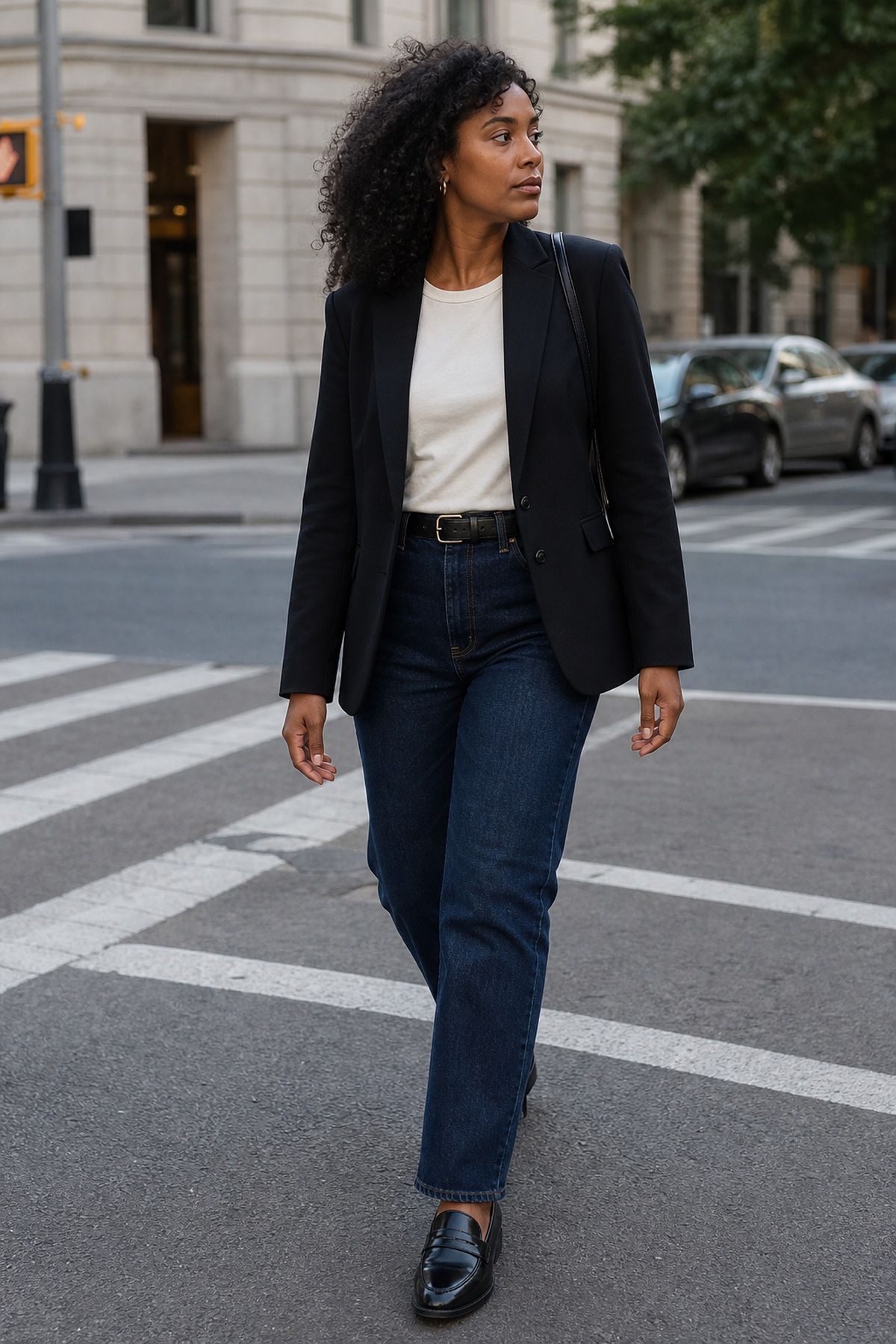 Woman wearing dark wash jeans with cream knitwear
