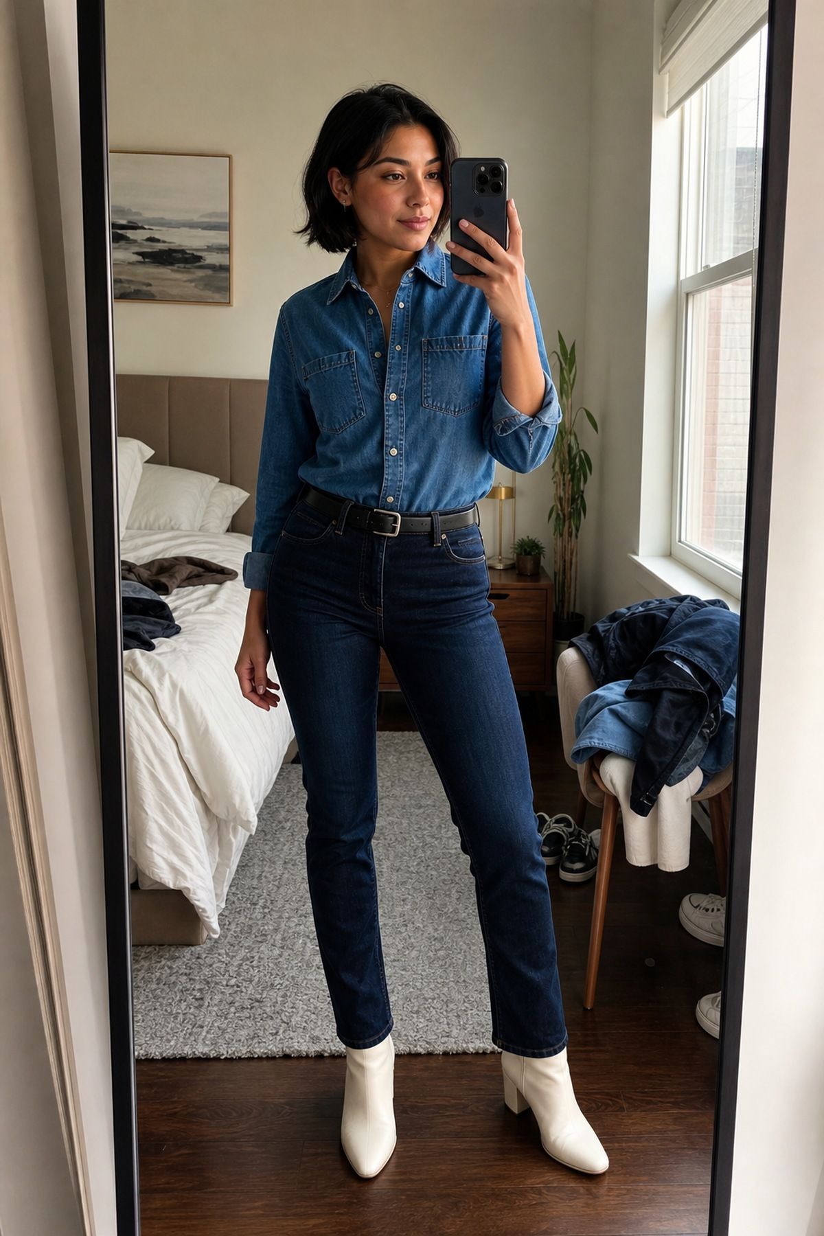 Woman wearing dark wash jeans with a camel blazer