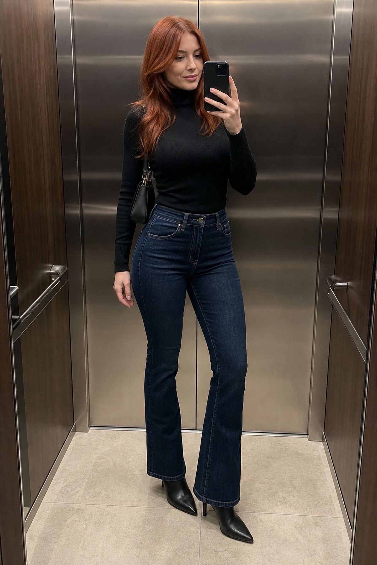Woman wearing dark wash jeans with a navy sweater