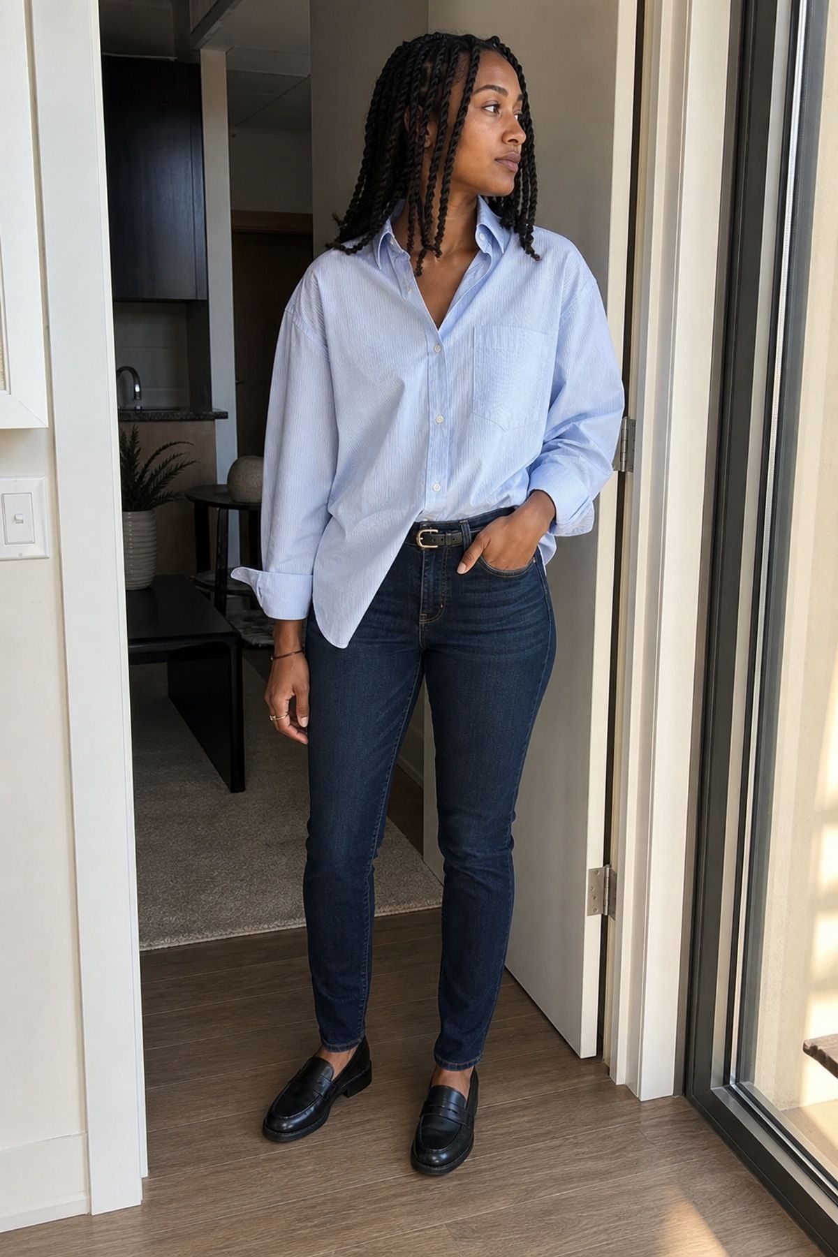 Woman wearing dark wash jeans with a leather belt