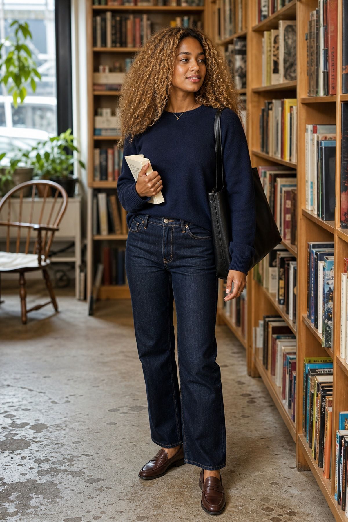 Woman wearing dark wash jeans with a soft blouse