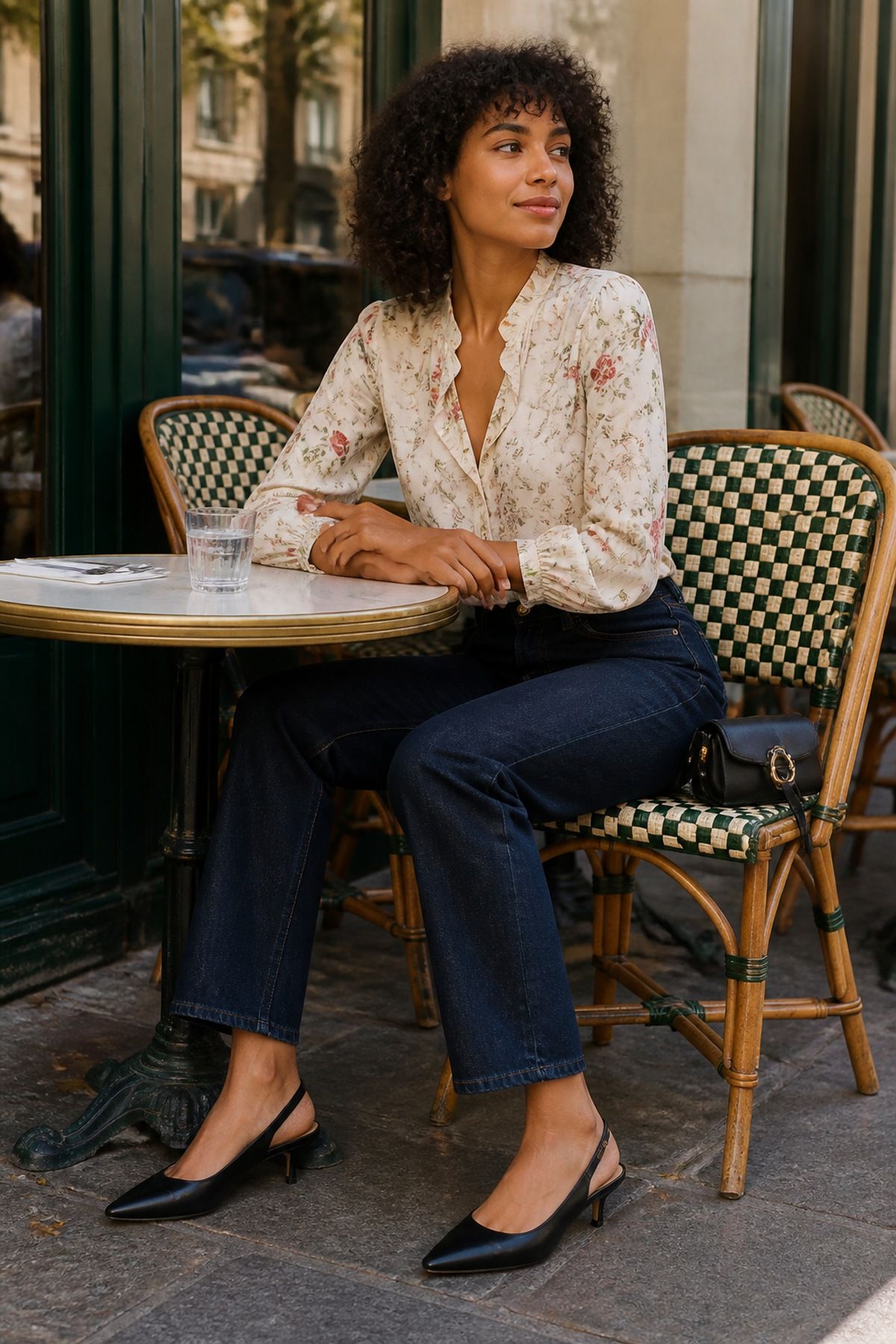 Woman wearing dark wash jeans with a minimal tank