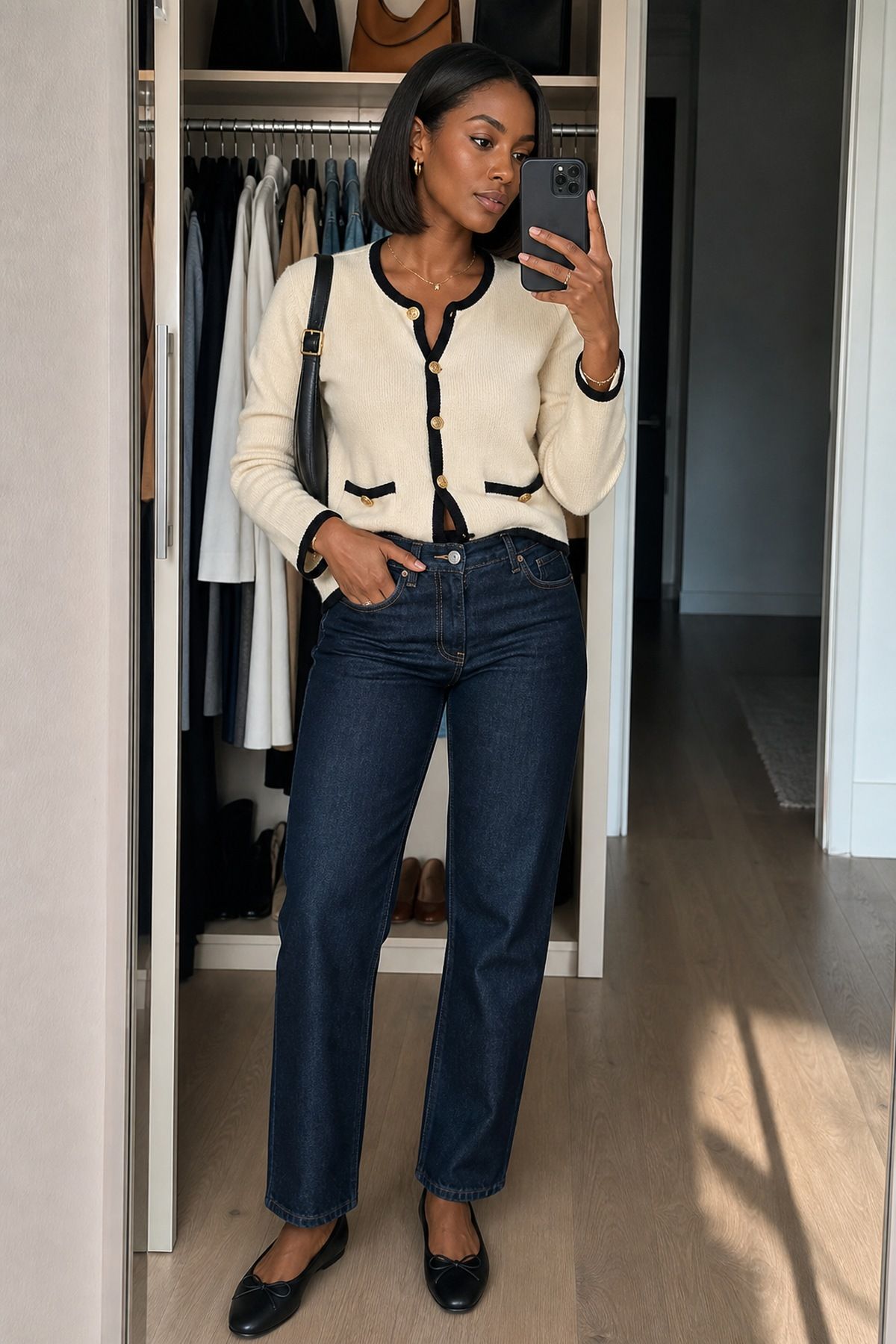 Woman wearing dark wash jeans with a striped cardigan
