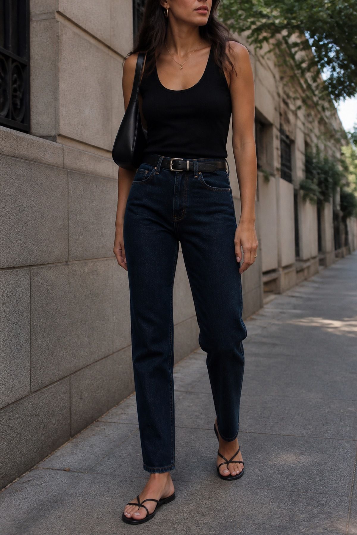Woman wearing dark wash jeans with a structured tote