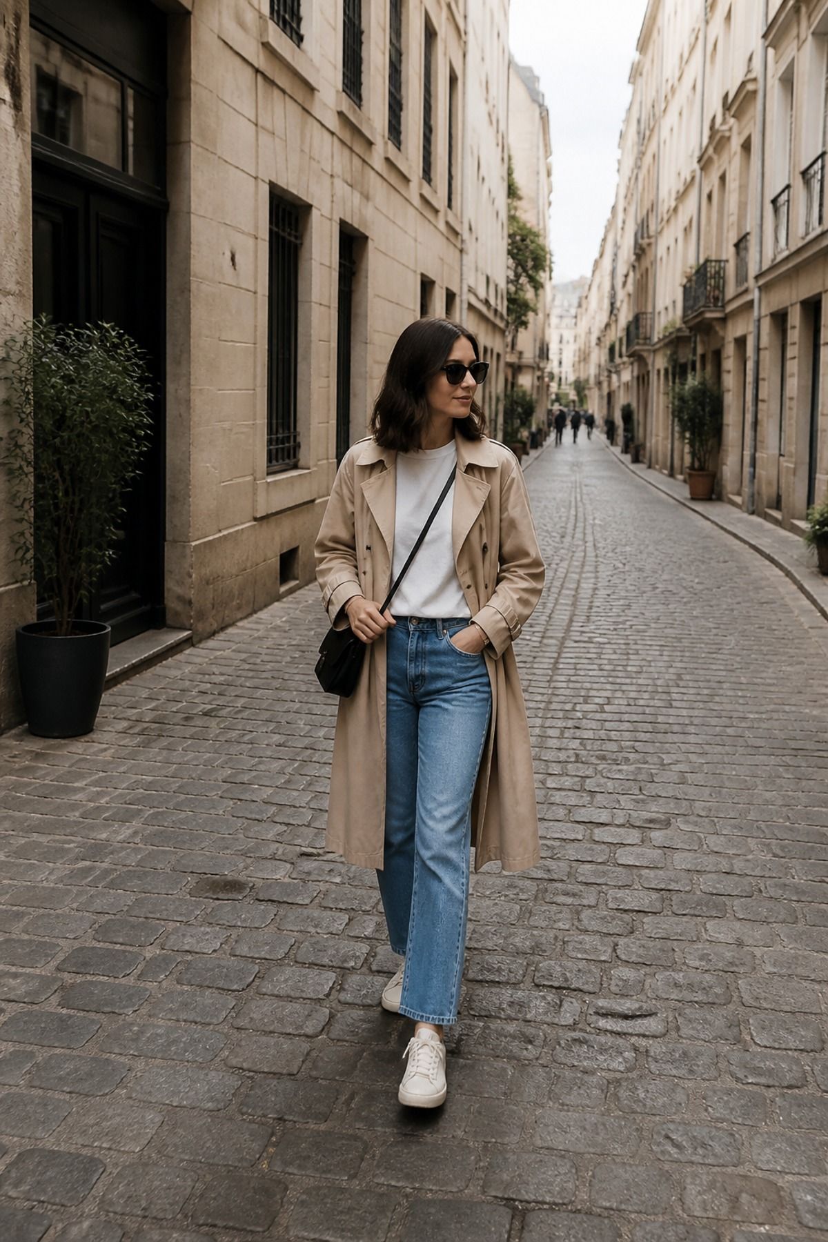 Woman wearing a trench coat with straight jeans, an Europe travel outfit