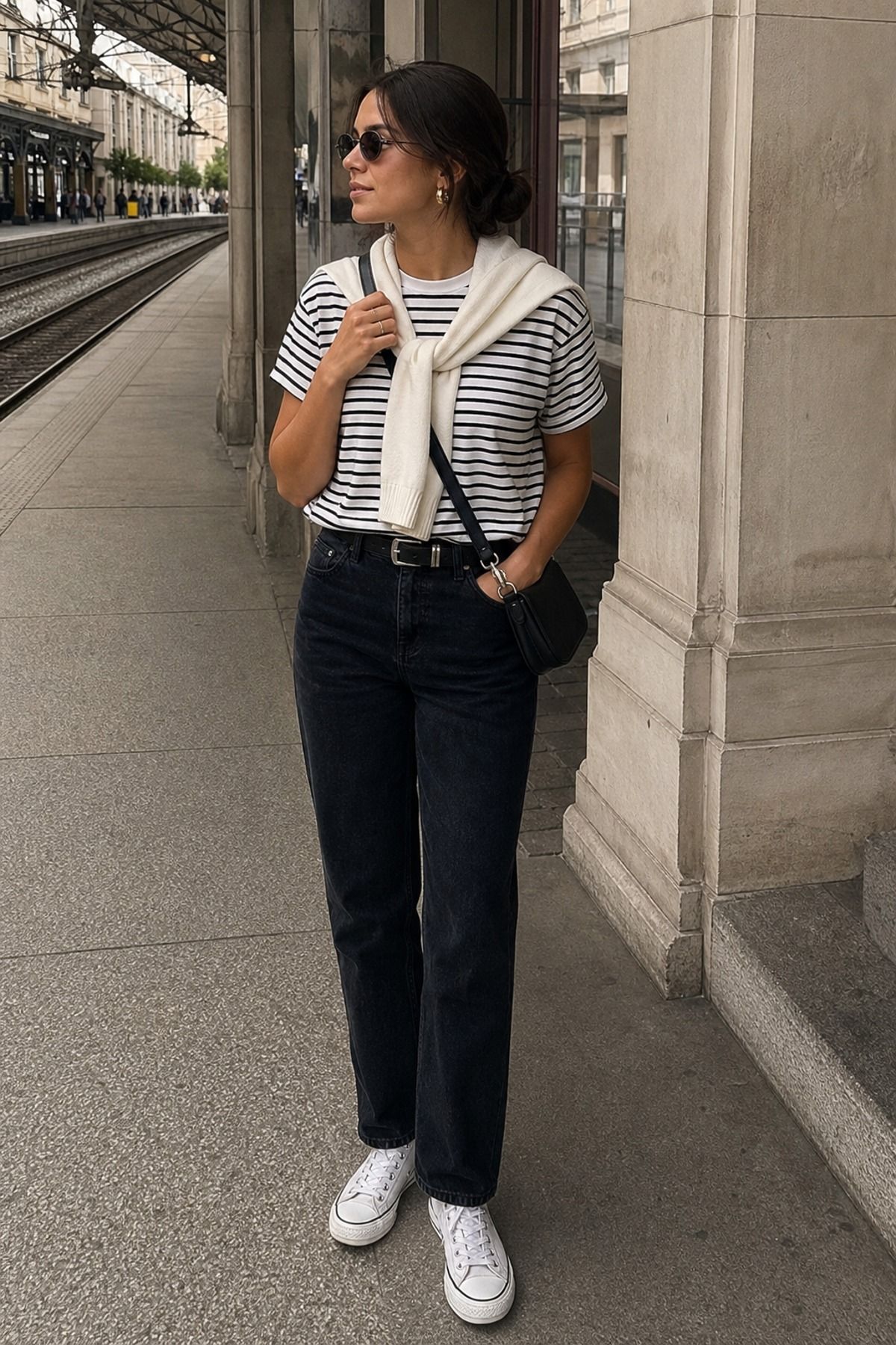 Woman wearing dark jeans with a striped tee, an Europe travel outfit
