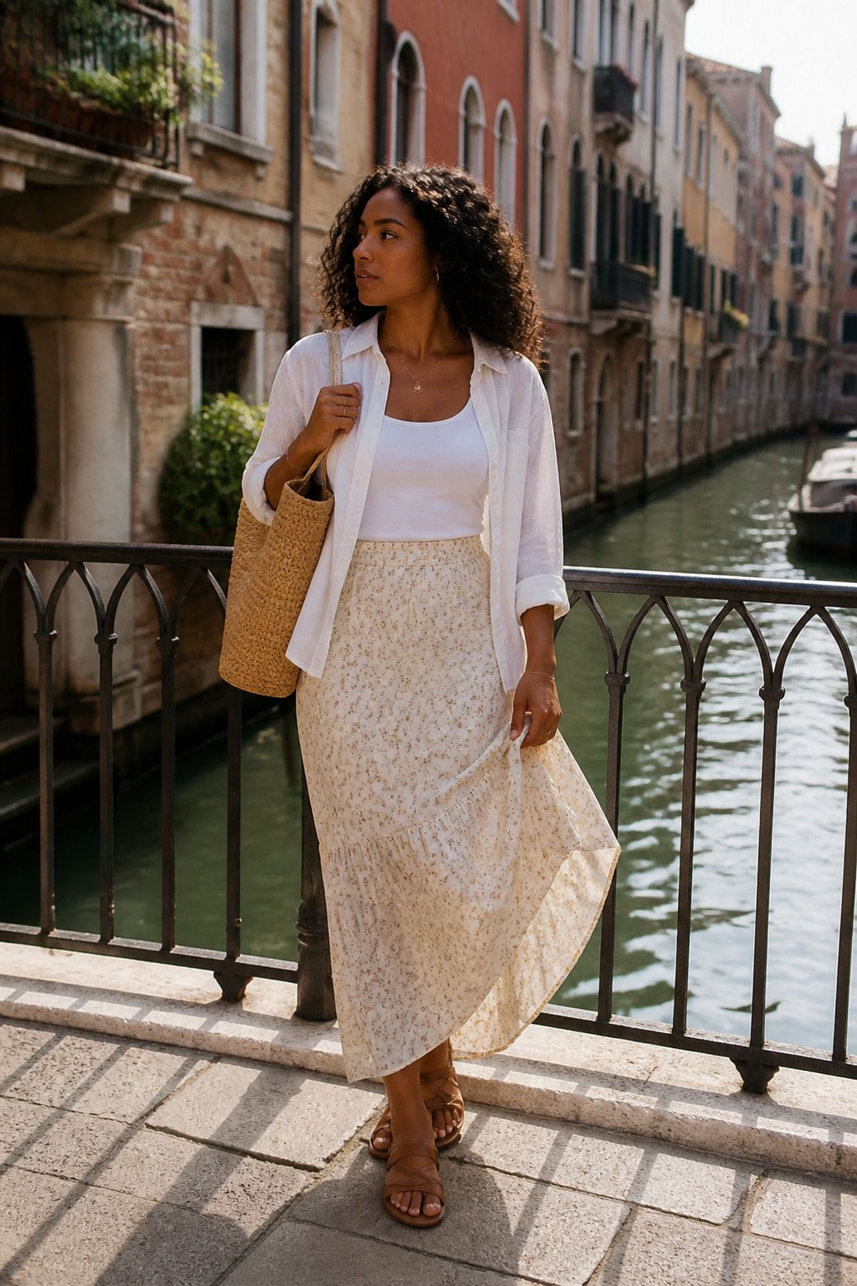 Woman wearing a maxi skirt with a tank and shirt, an Europe travel outfit