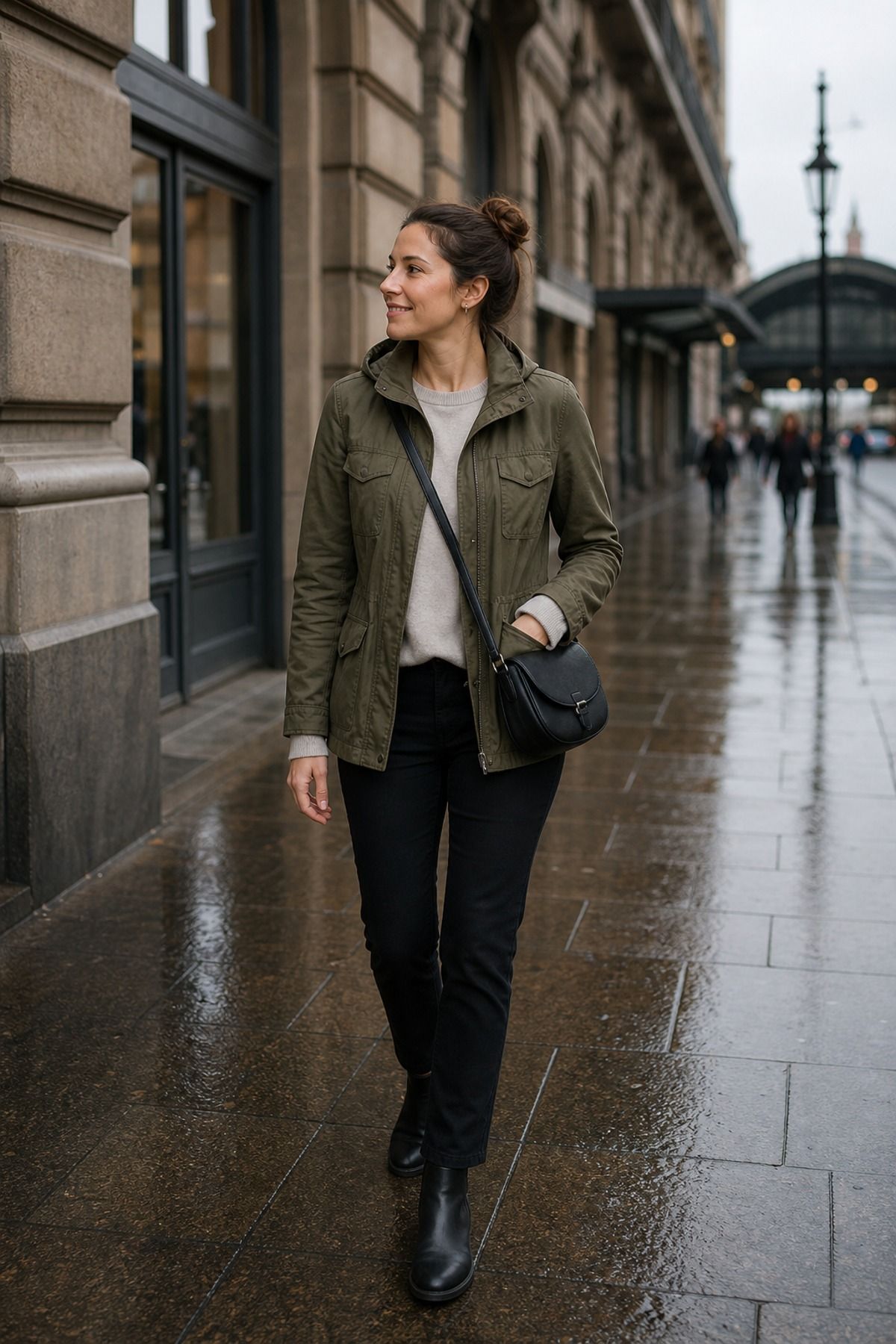 Woman wearing an utility jacket with black pants, an Europe travel outfit