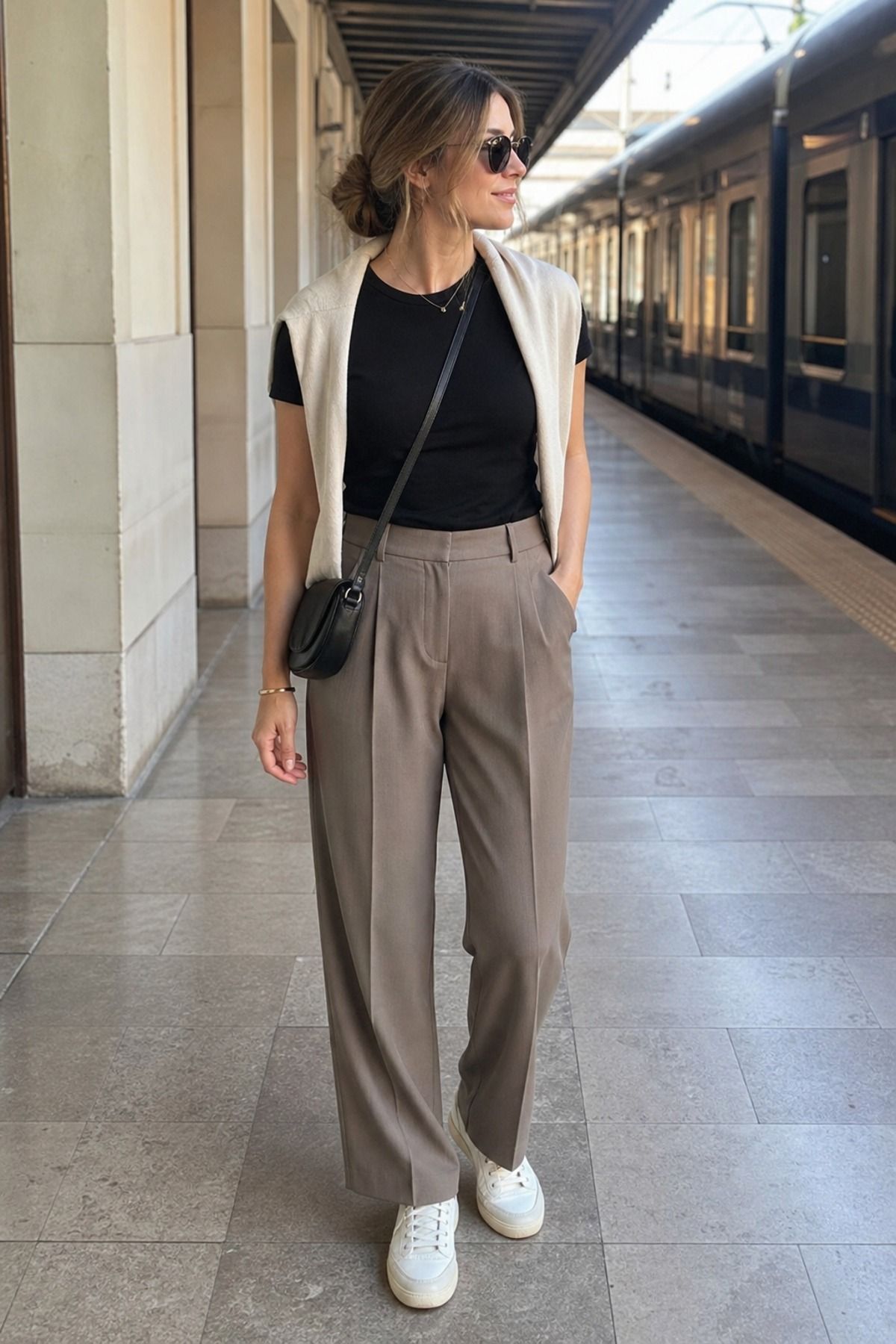 Woman wearing soft trousers with a tee, an Europe travel outfit