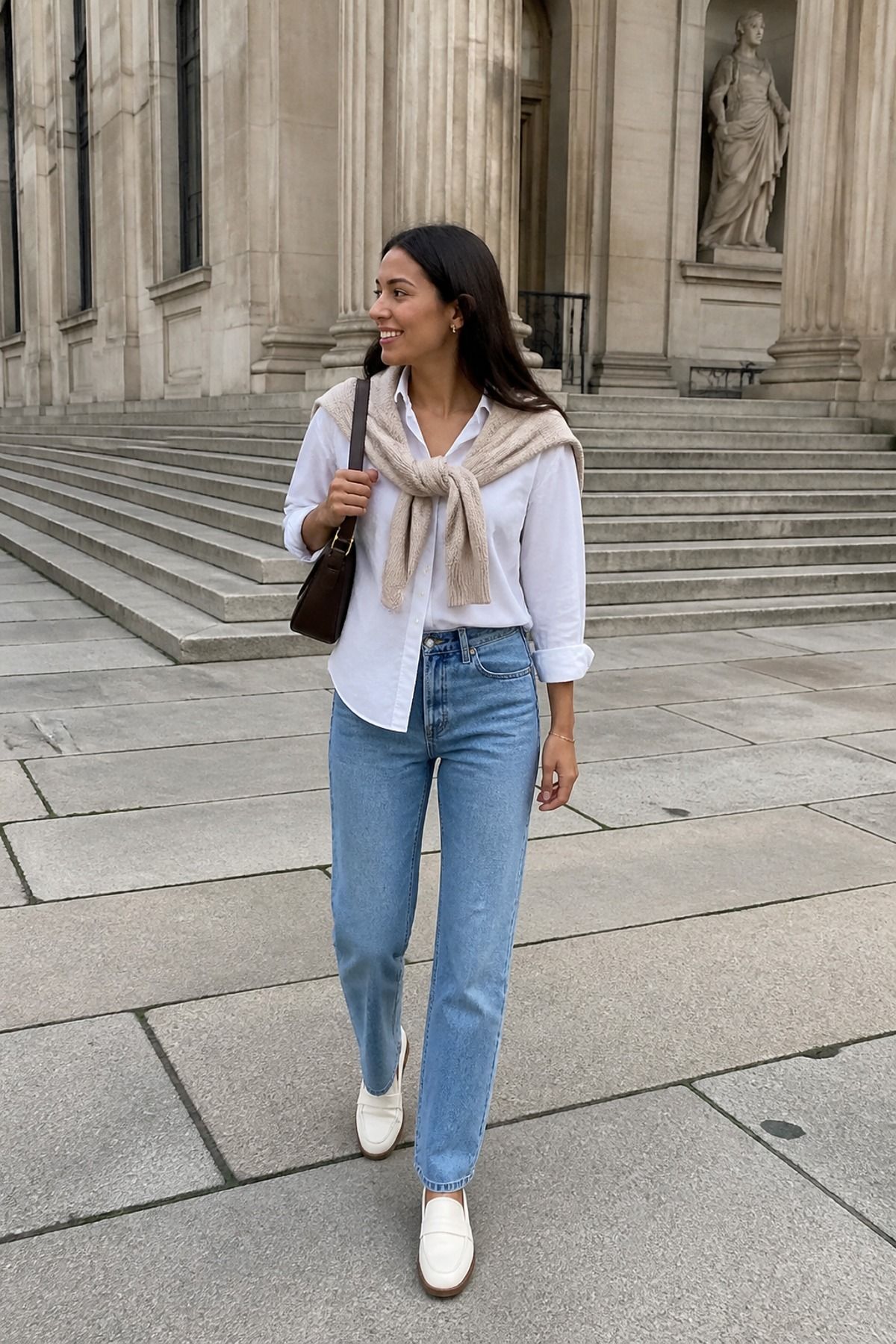 Woman wearing sweater over shoulders with jeans, an Europe travel outfit