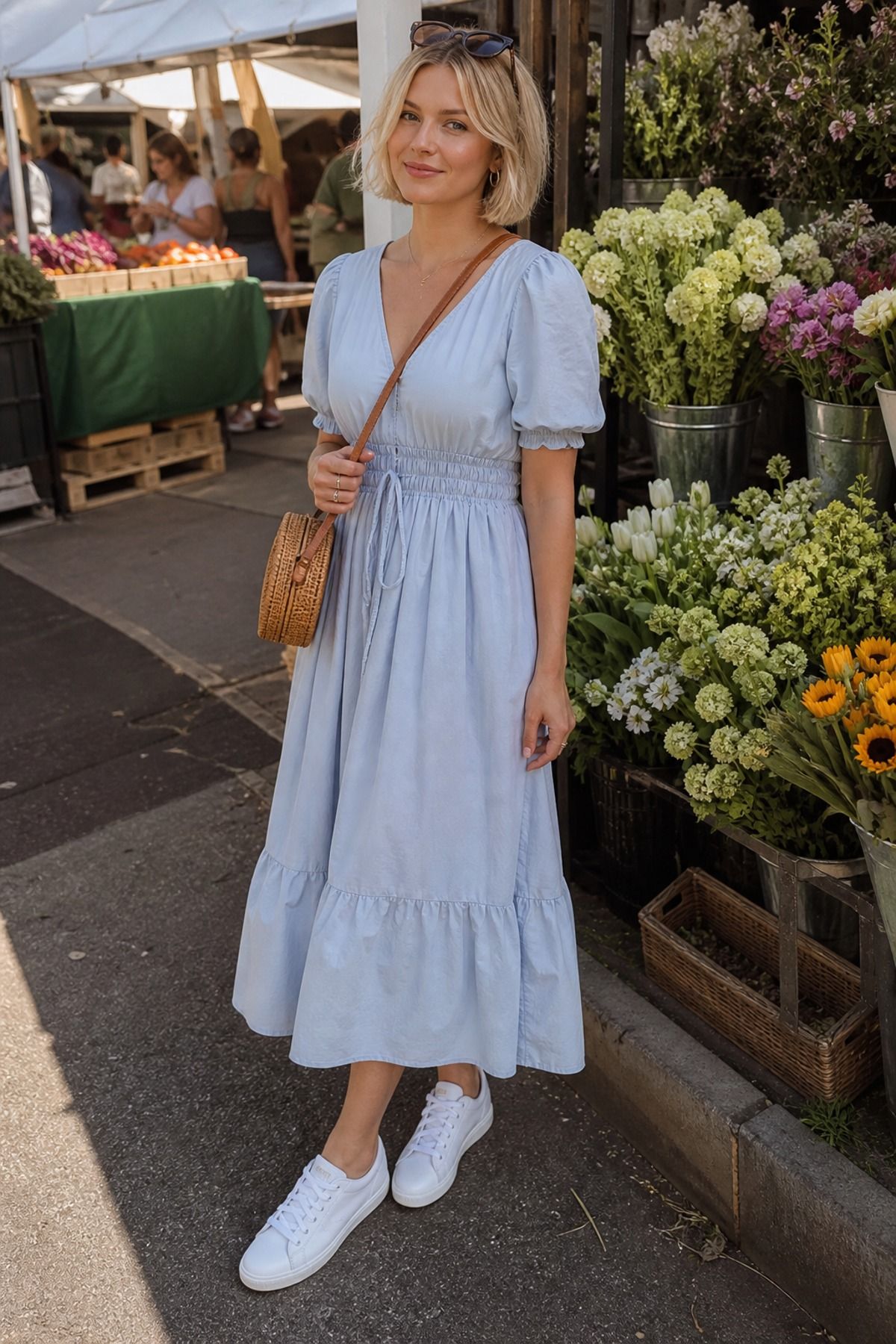 Woman wearing a cotton midi dress with sneakers, a farmer s market outfit