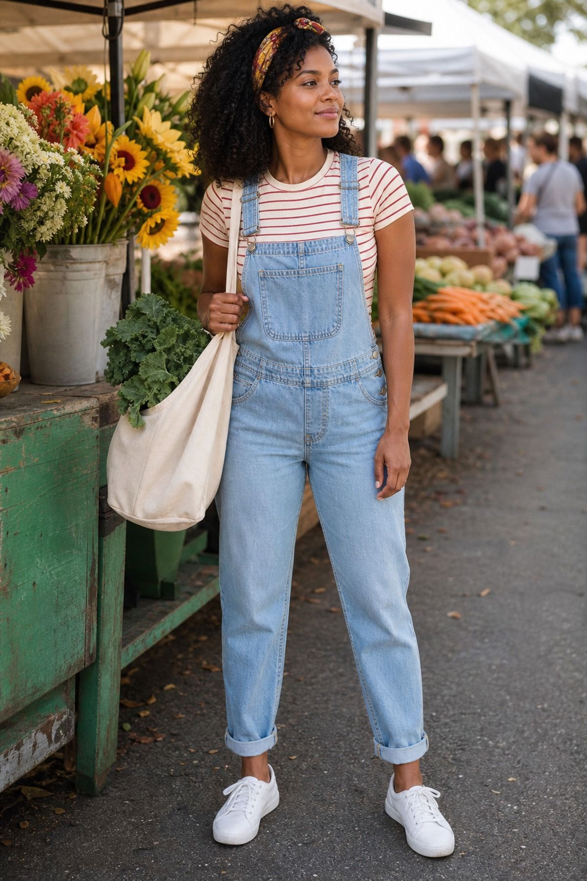 Woman wearing overalls with a striped tee, a farmer s market outfit