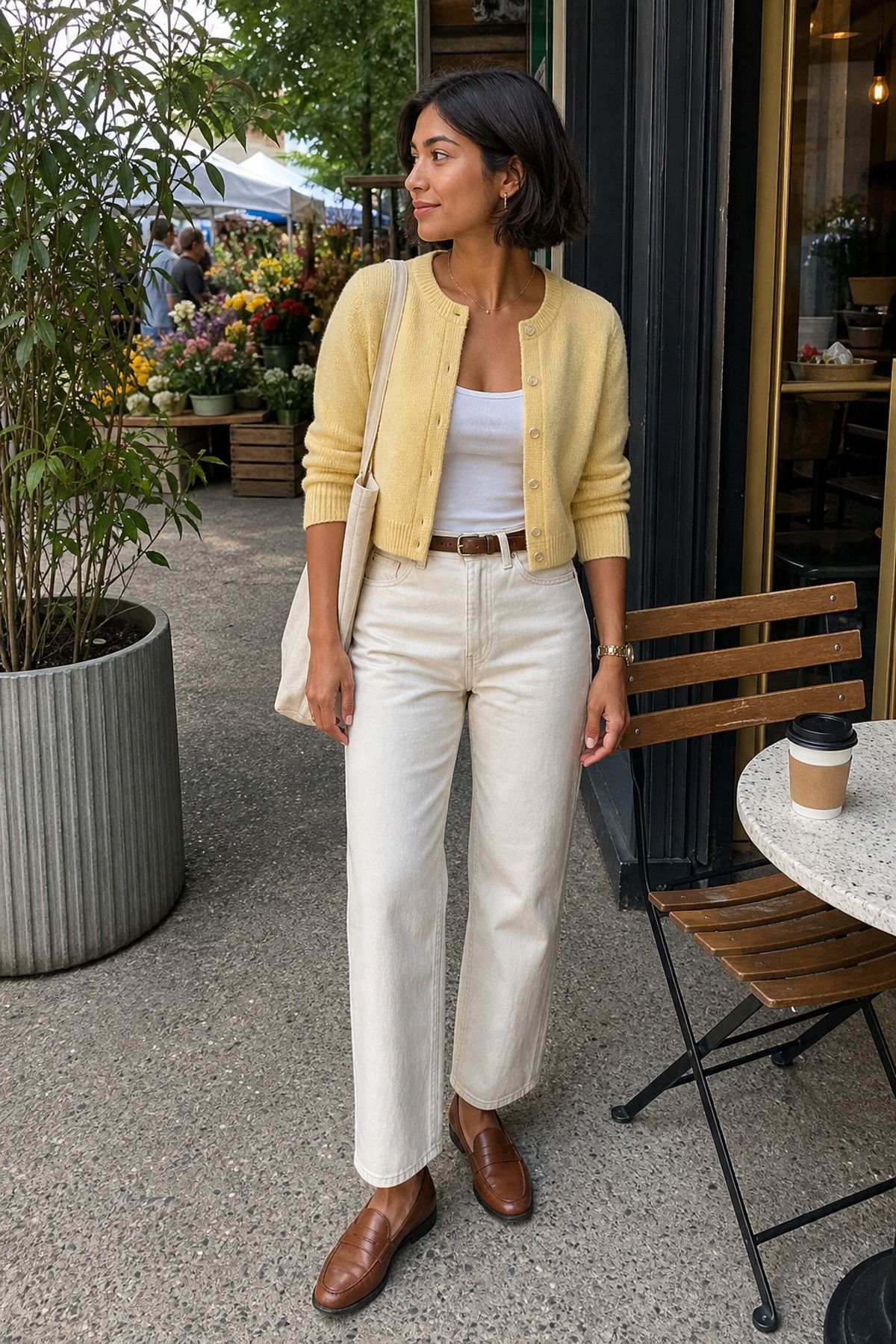 Woman wearing a cardigan with ecru jeans, a farmer s market outfit