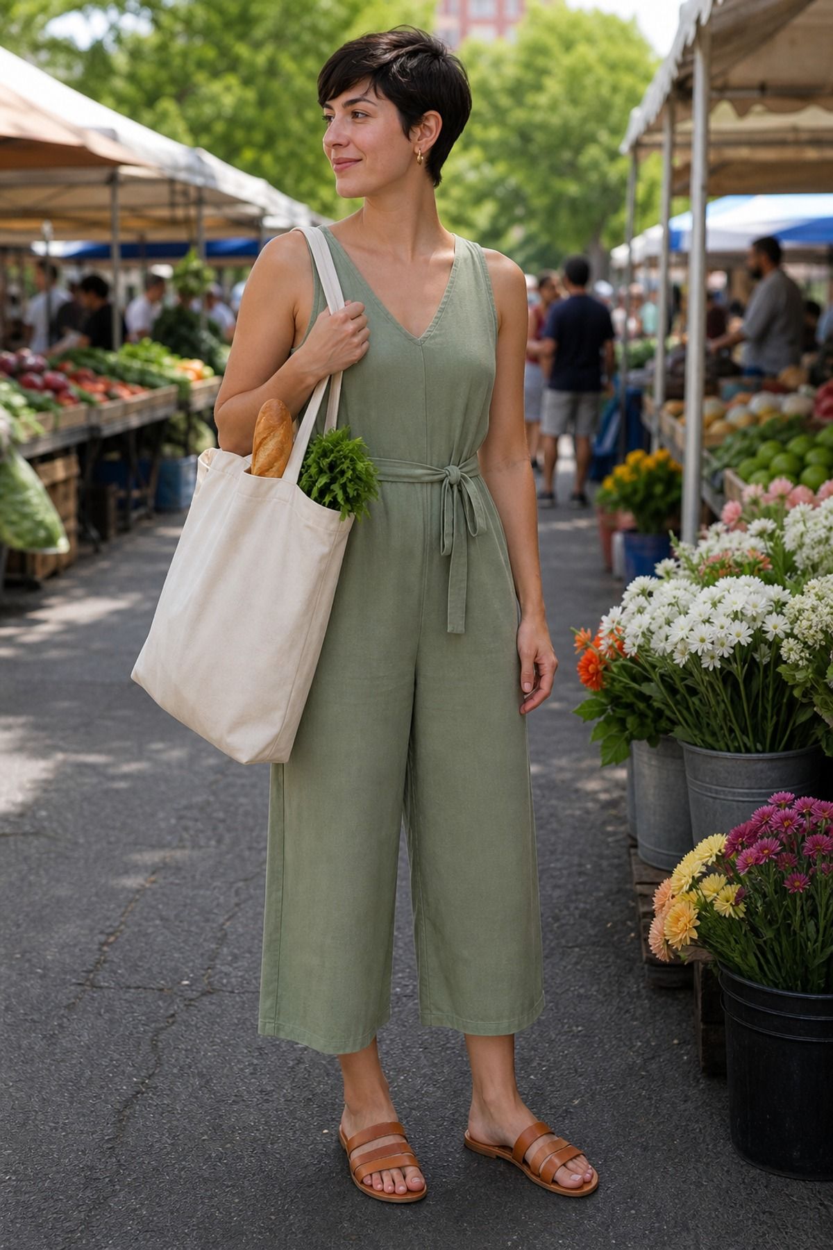 Woman wearing a soft jumpsuit with a tote, a farmer s market outfit