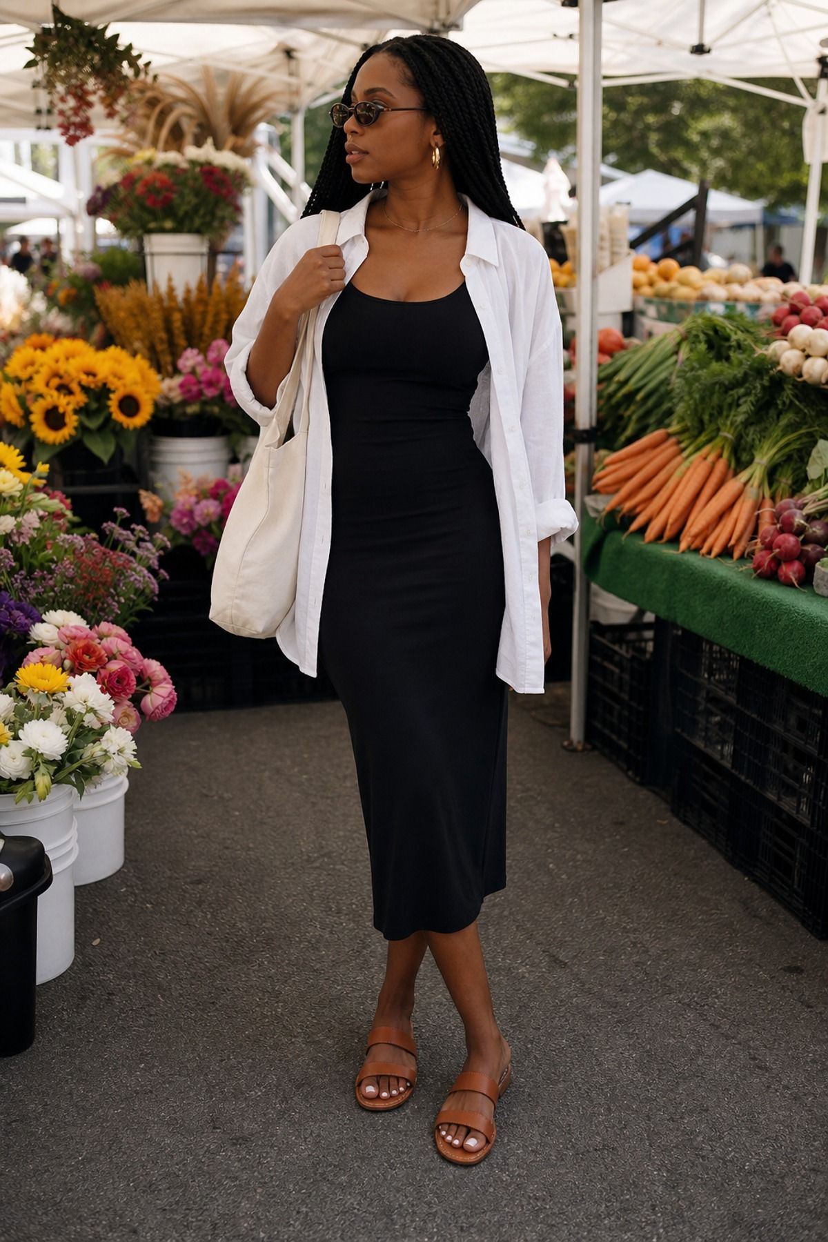 Woman wearing a tank dress with a button down, a farmer s market outfit