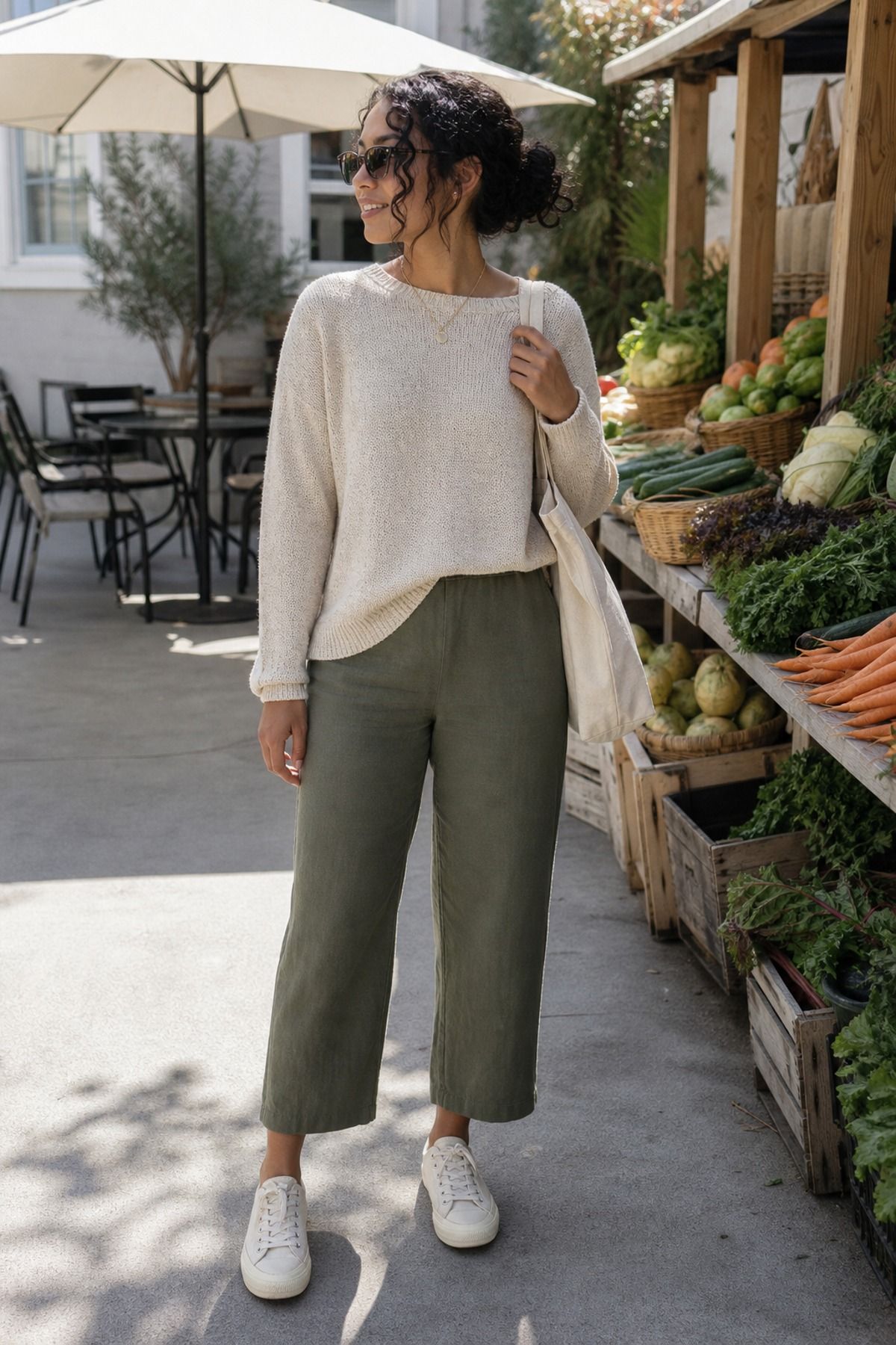 Woman wearing a light sweater with relaxed pants, a farmer s market outfit