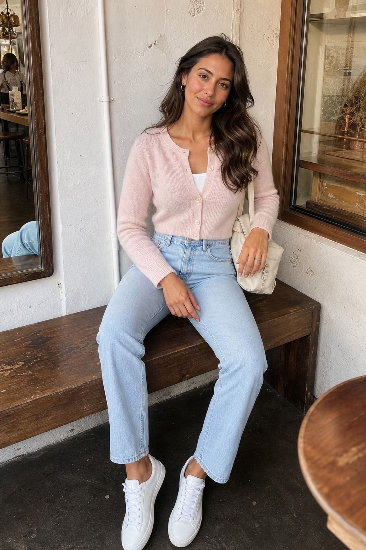 Woman wearing light wash jeans with a pastel cardigan