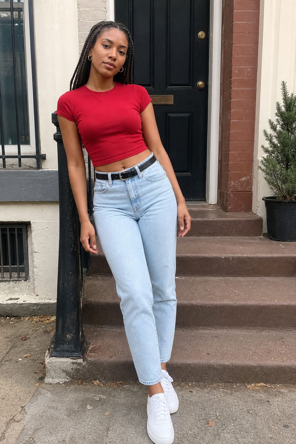 Woman wearing light wash jeans with a baby tee