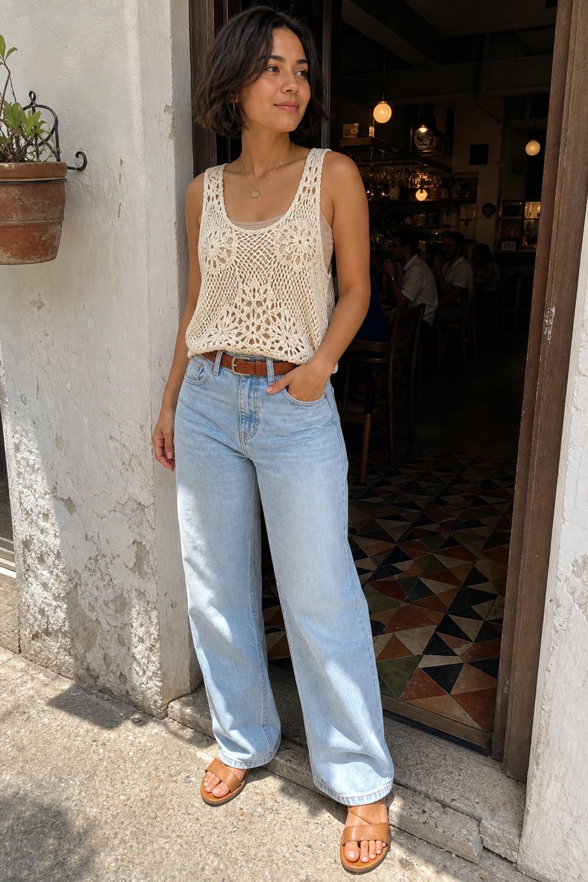 Woman wearing light wash jeans with a crochet top