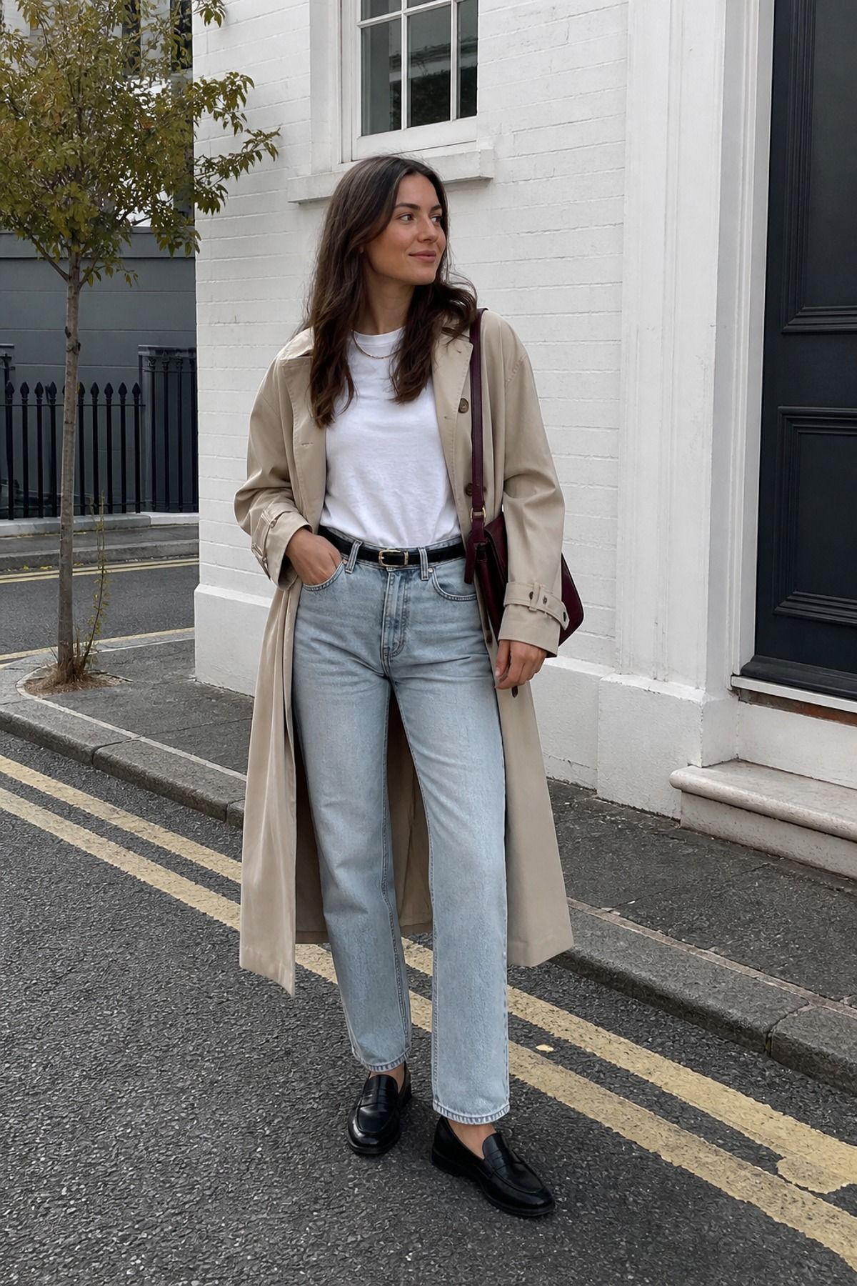 Woman wearing light wash jeans with a soft trench