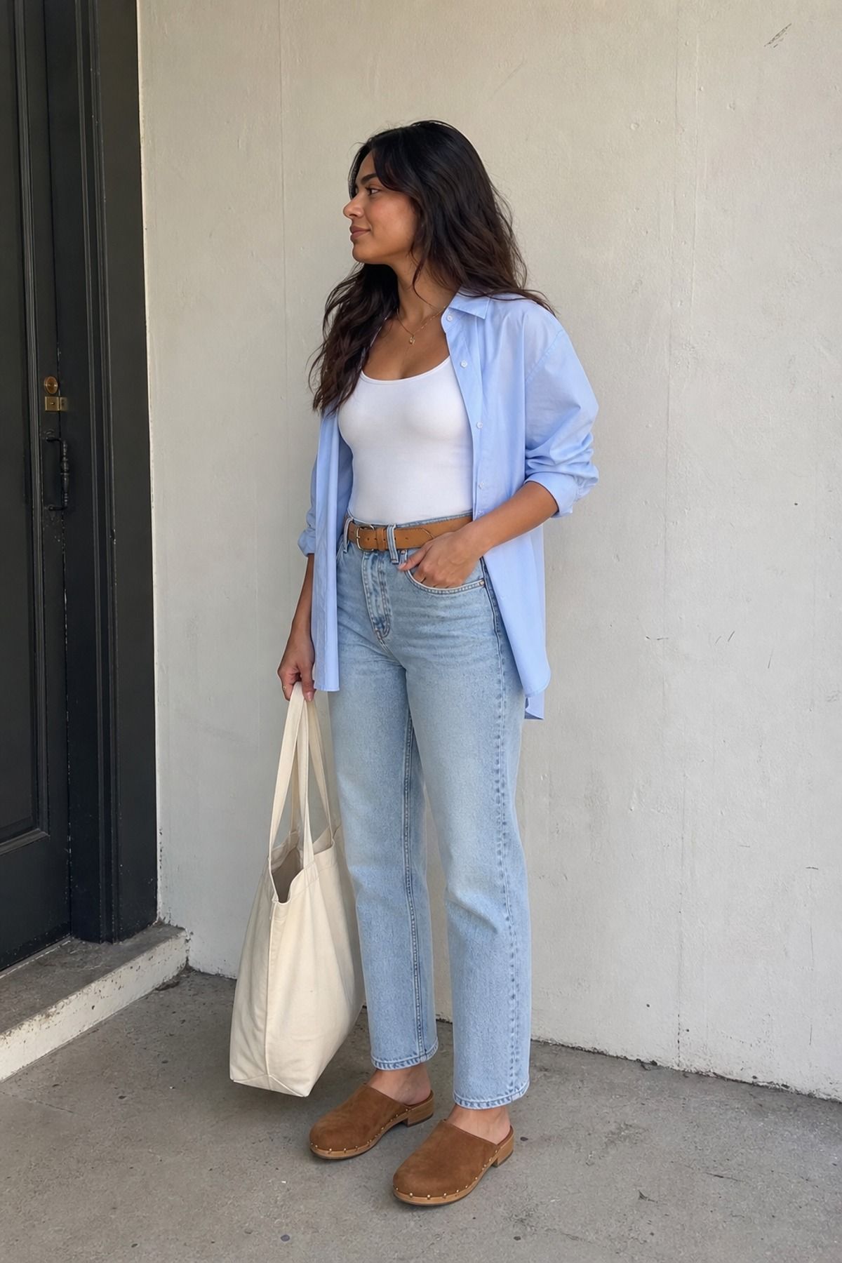 Woman wearing light wash jeans with a poplin shirt jacket