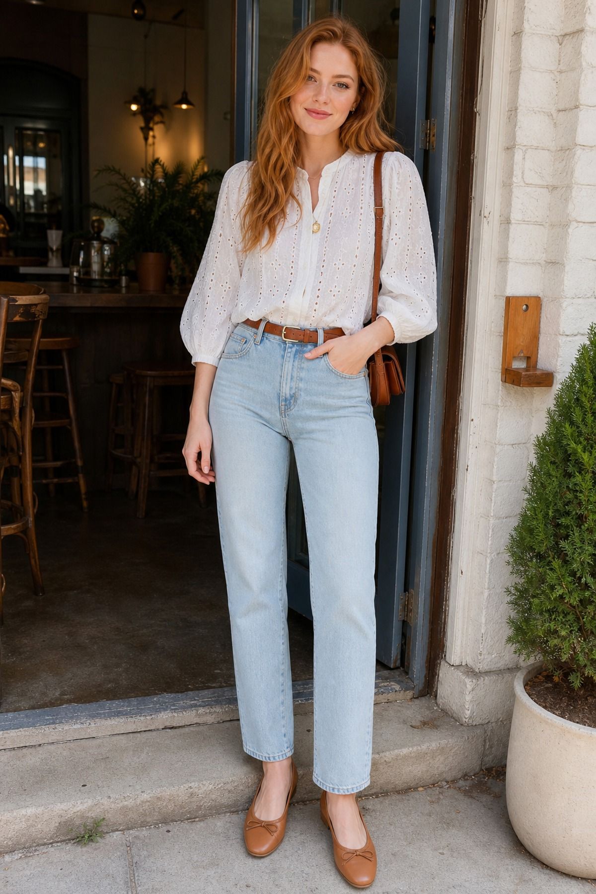 Woman wearing light wash jeans with a cotton blouse